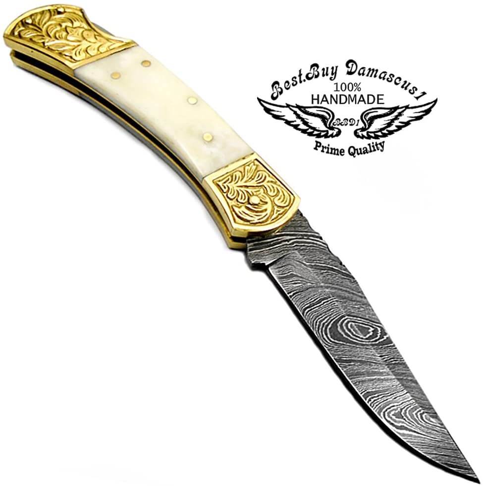 Premium Damascus Steel Folding Pocket Knife with Camel Bone Handle - 7.6'' Scrimshaw Design - Perfect EDC Knife for Men, Outdoor Camping & Survival Gear - Great Gift for Hunters & Collectors