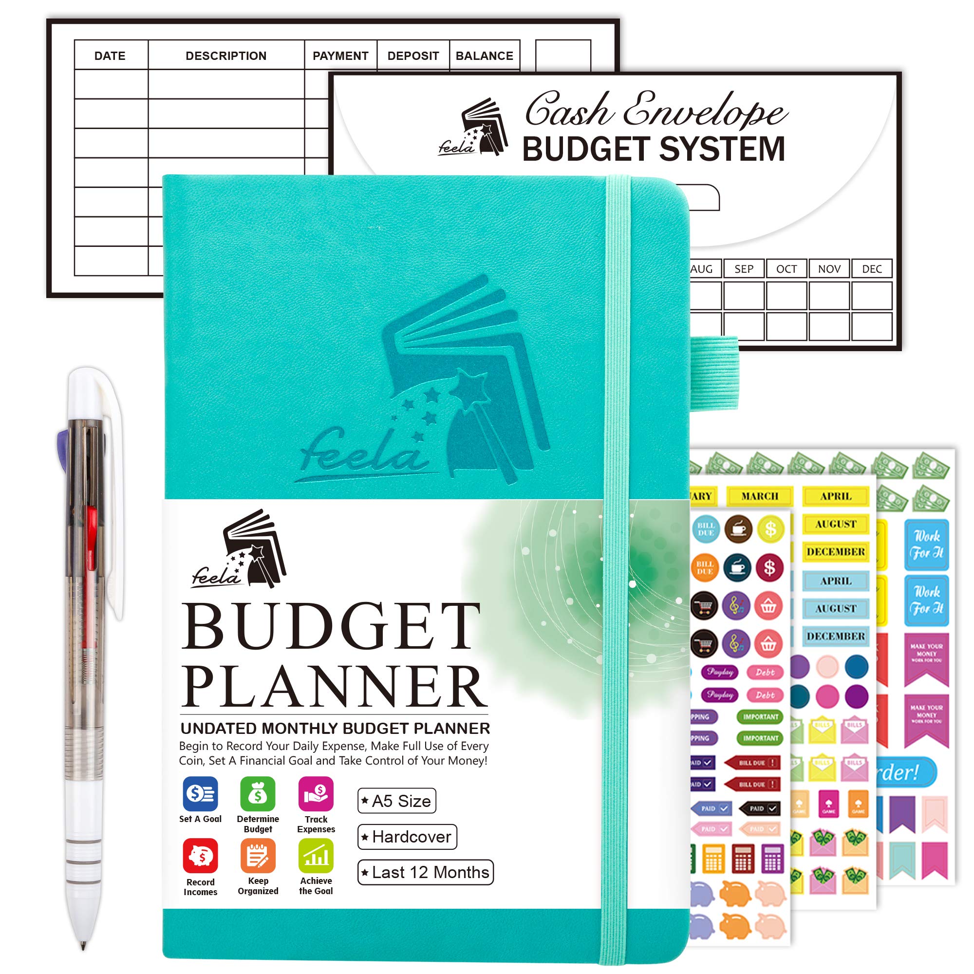 2025 Monthly Undated Budget Planner - A5 Hardcover Financial Organizer with Expense Tracker, Budget Envelopes, Stickers & Pen | Money Management Journal for Personal Finance, Bill Tracking & Savings Goals | Perfect for Students, Home Budgeting & Financial Planning (Turquoise)