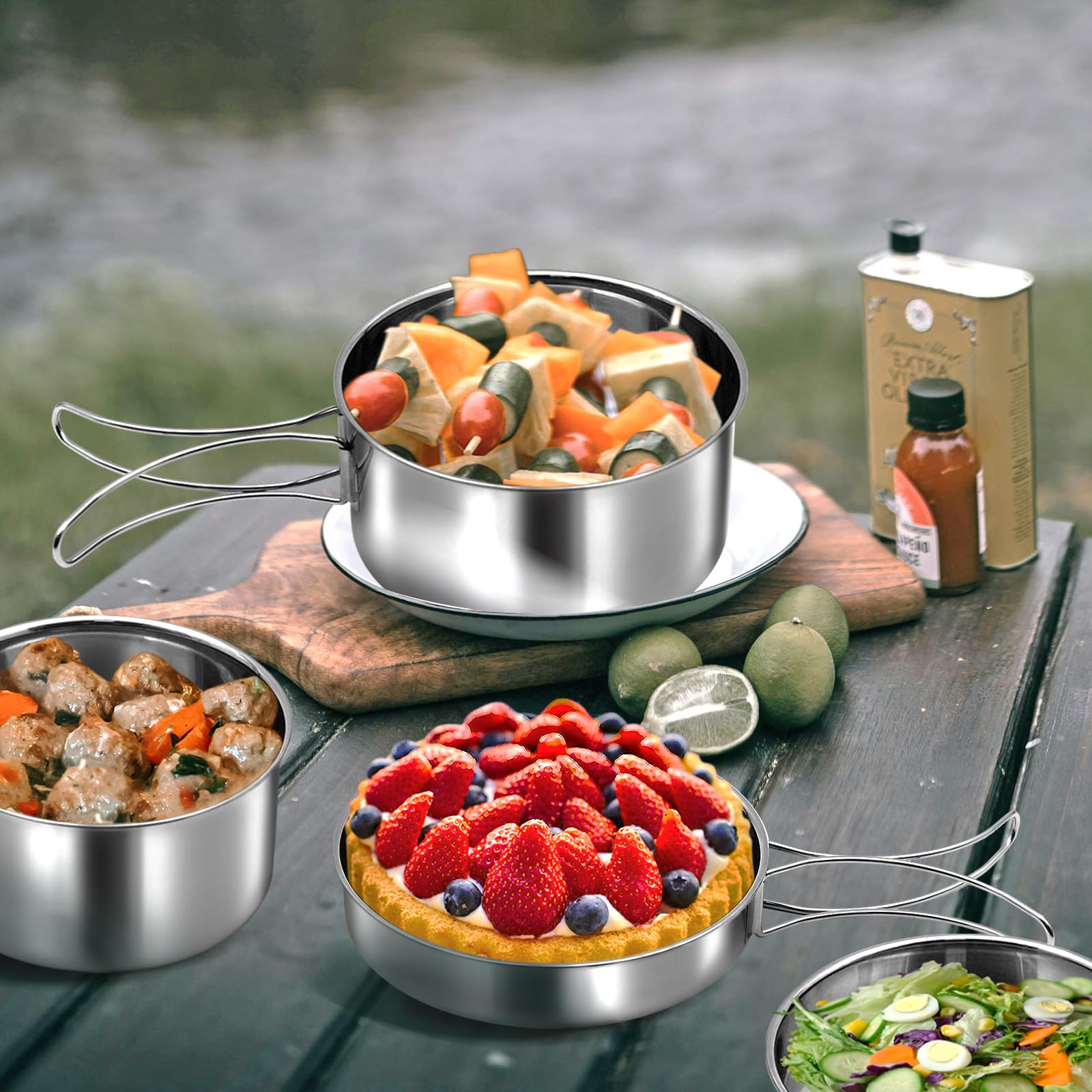 Premium 18/8 Stainless Steel Camping Cookware Set - 4-Piece Lightweight Backpacking Cook Pot Kit with Lid | Durable Outdoor Cooking Messware for Camping, Hiking, Picnics & Emergency Preparedness
