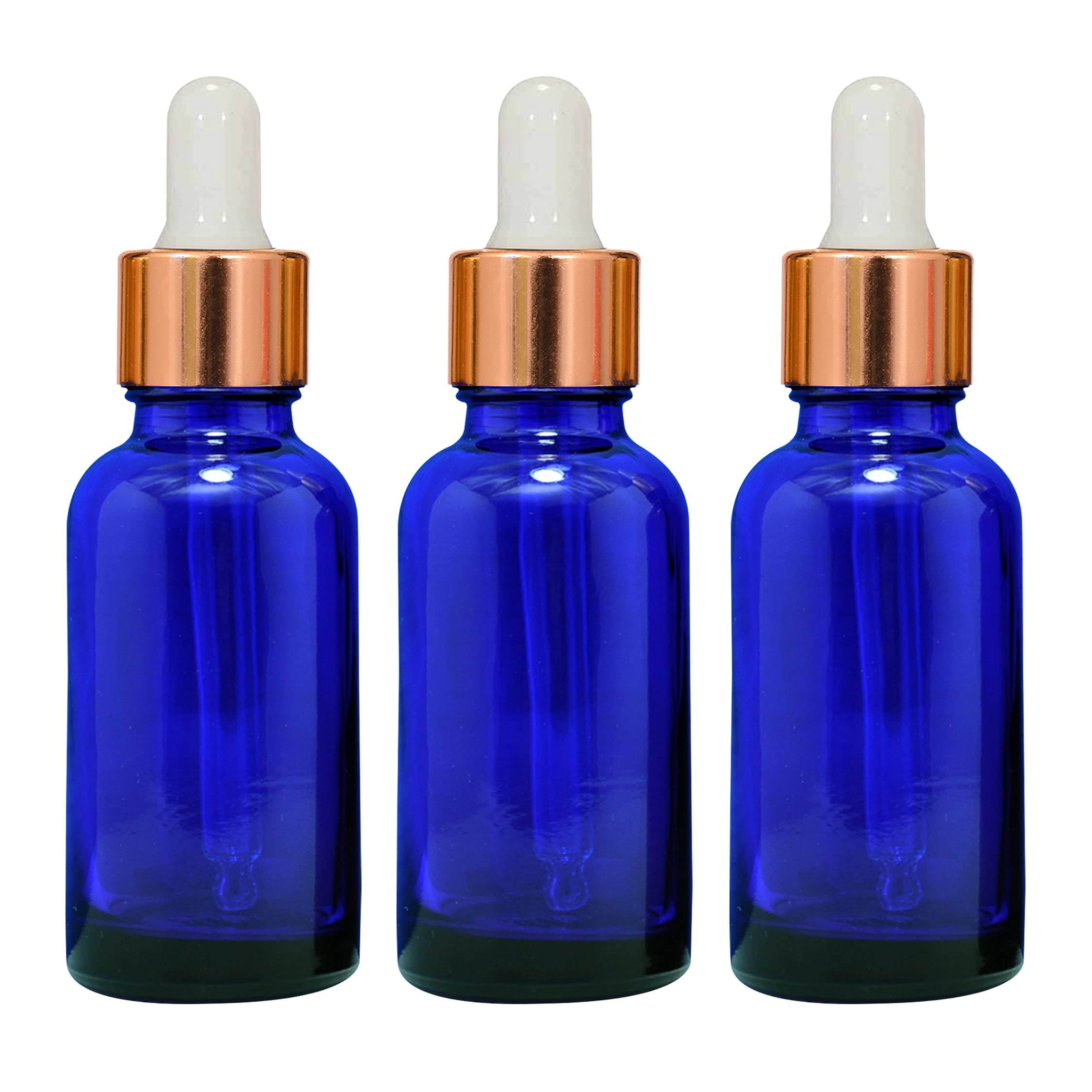 NSB Herbals 30ml Blue Round Empty Glass Bottle with Glass Dropper, Gold Ring & White Silicone Teat - Refillable, Leak Proof for Essential Oils, Perfumes, DIY Beauty (Pack of 3) - Perfect for Travel, Home Use & Gift Giving