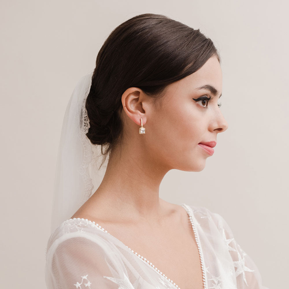 Valentina Square Cut CZ Drop Earrings in Gold - Elegant Dangle Earrings for Women, Perfect for Weddings, Parties & Special Occasions