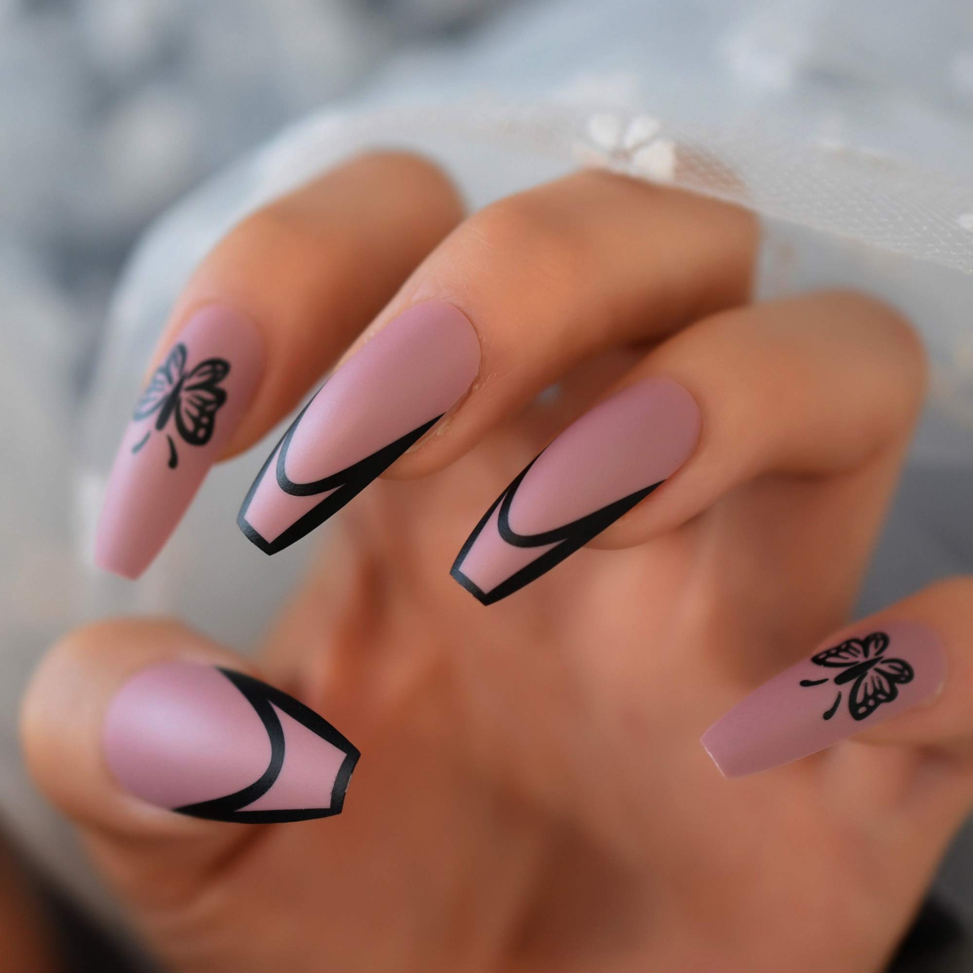 Matte Butterfly Press On Nails - Pink & Purple Coffin Fake Nails with Full Cover Tips for Salon & DIY Manicure | Perfect for Parties, Weddings & Special Occasions