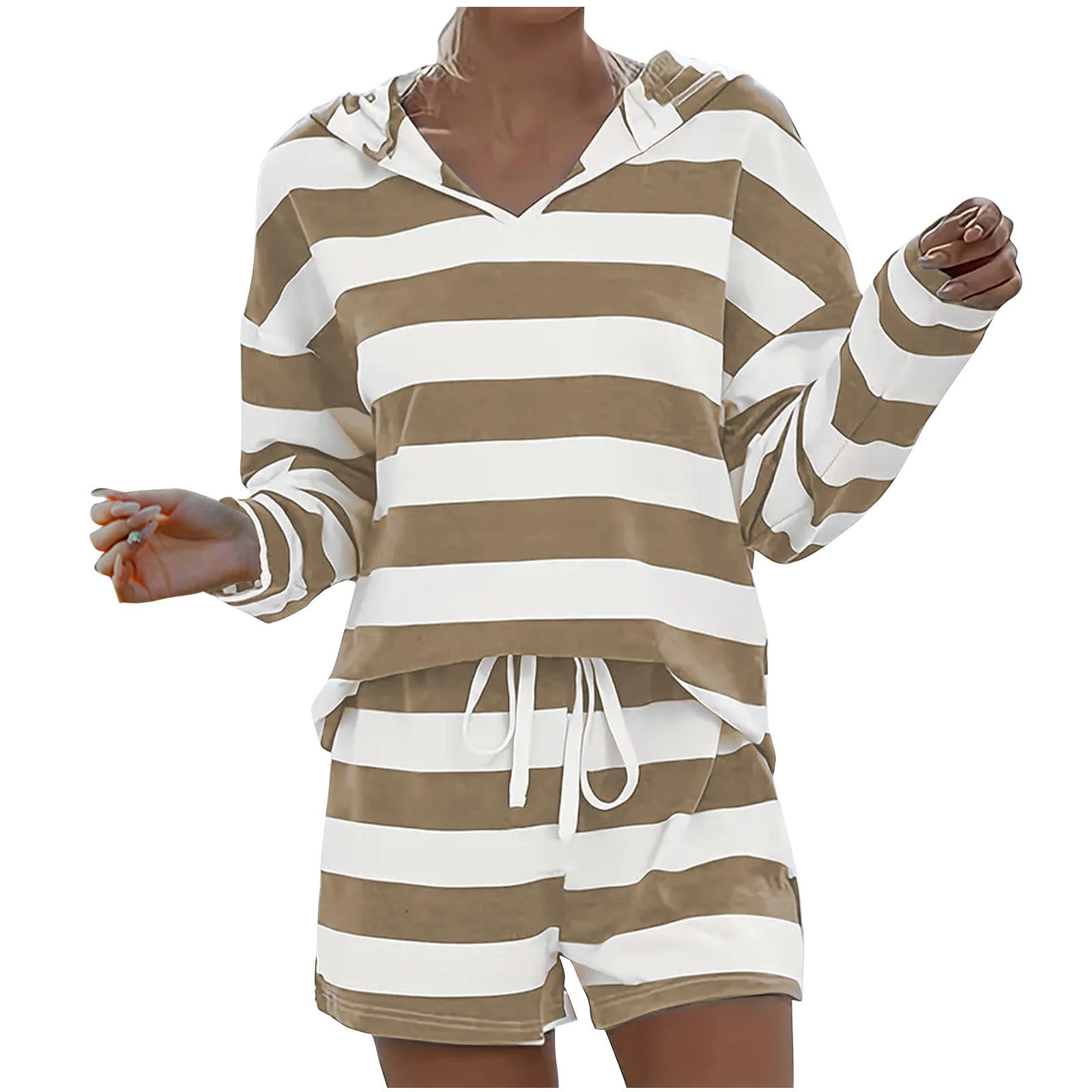 Women's 2-Piece Lounge Set - Long Sleeve Striped Hoodie & Shorts Casual Sweatsuit | Trendy Matching Tracksuit for Home, Gym & Travel 2024