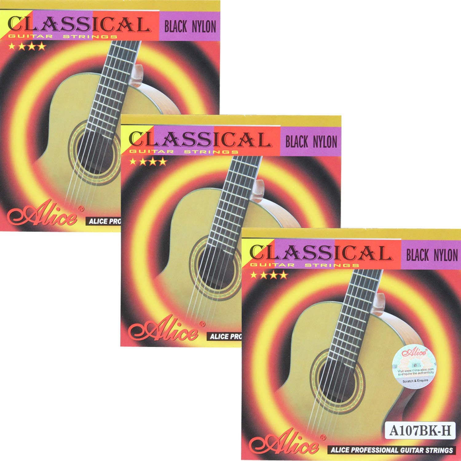 3 Sets Alice A107BK-H Black Nylon Gold Plated Guitar Strings - Classical Hard Tension (.0285-.044) for Acoustic Guitar - Perfect for Performances & Practice Sessions