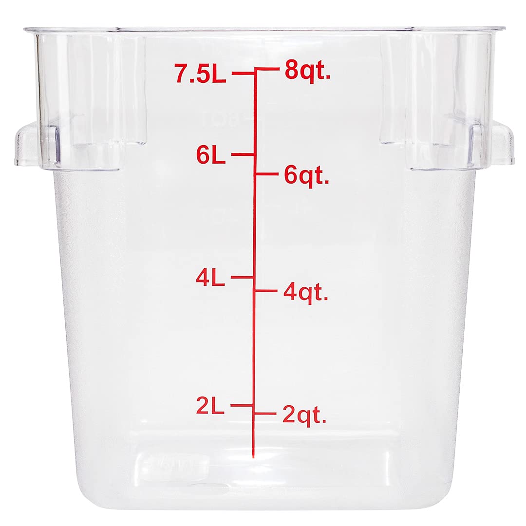 Restaurantware Met Lux 8 Quart Brine Buckets - 10 Pack Square Marinating Containers with Volume Markers, Built-In Handles & Freezer-Safe Lids (Sold Separately) - Clear & Red Plastic Dough Rising Buckets for Commercial Kitchens, BBQ Prep & Home Baking