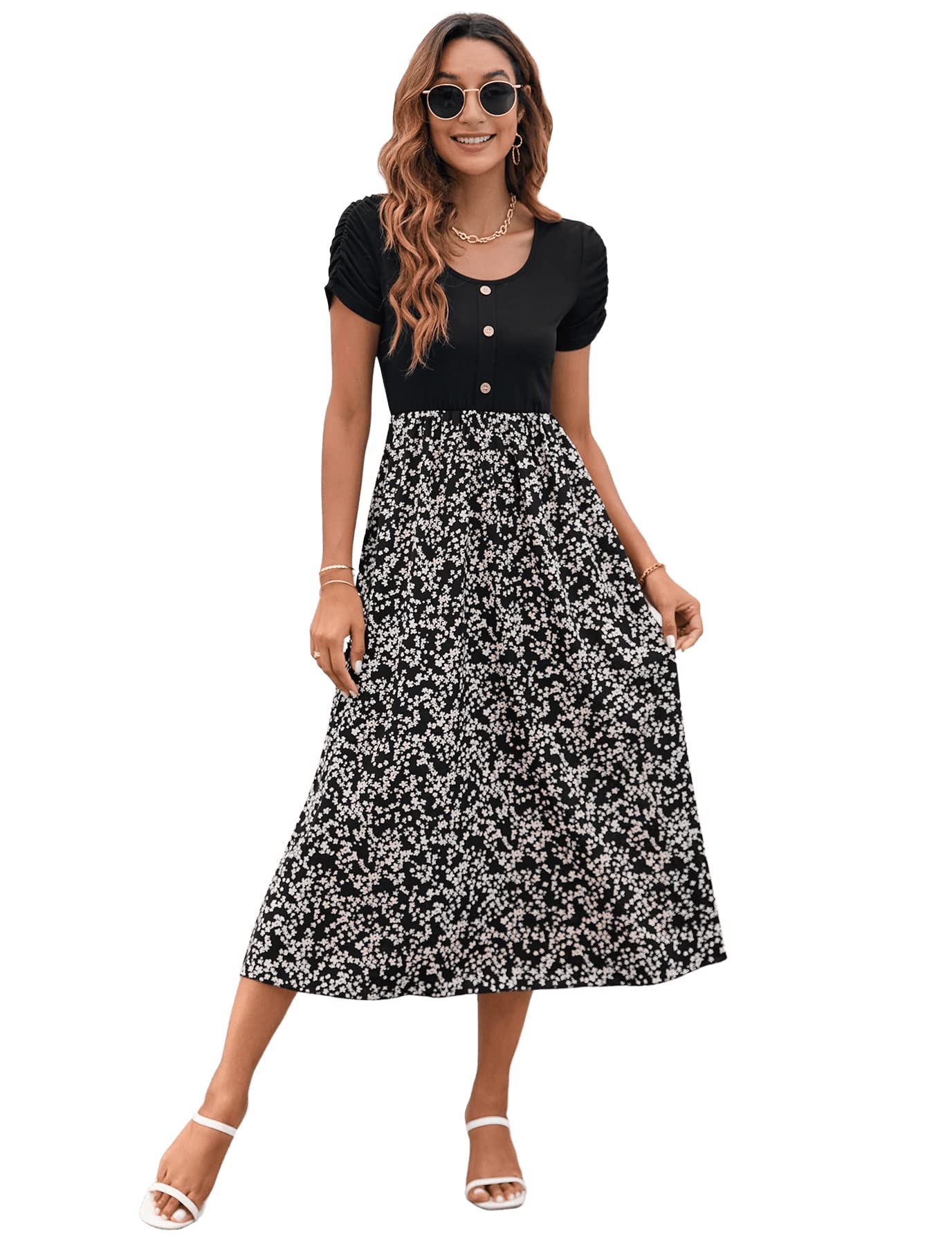 SweatyRocks Women's Casual Ruched Short Sleeve Floral A-Line Midi Dress - Summer Beach Party, Date Night, Office Wear & Vacation Outfit