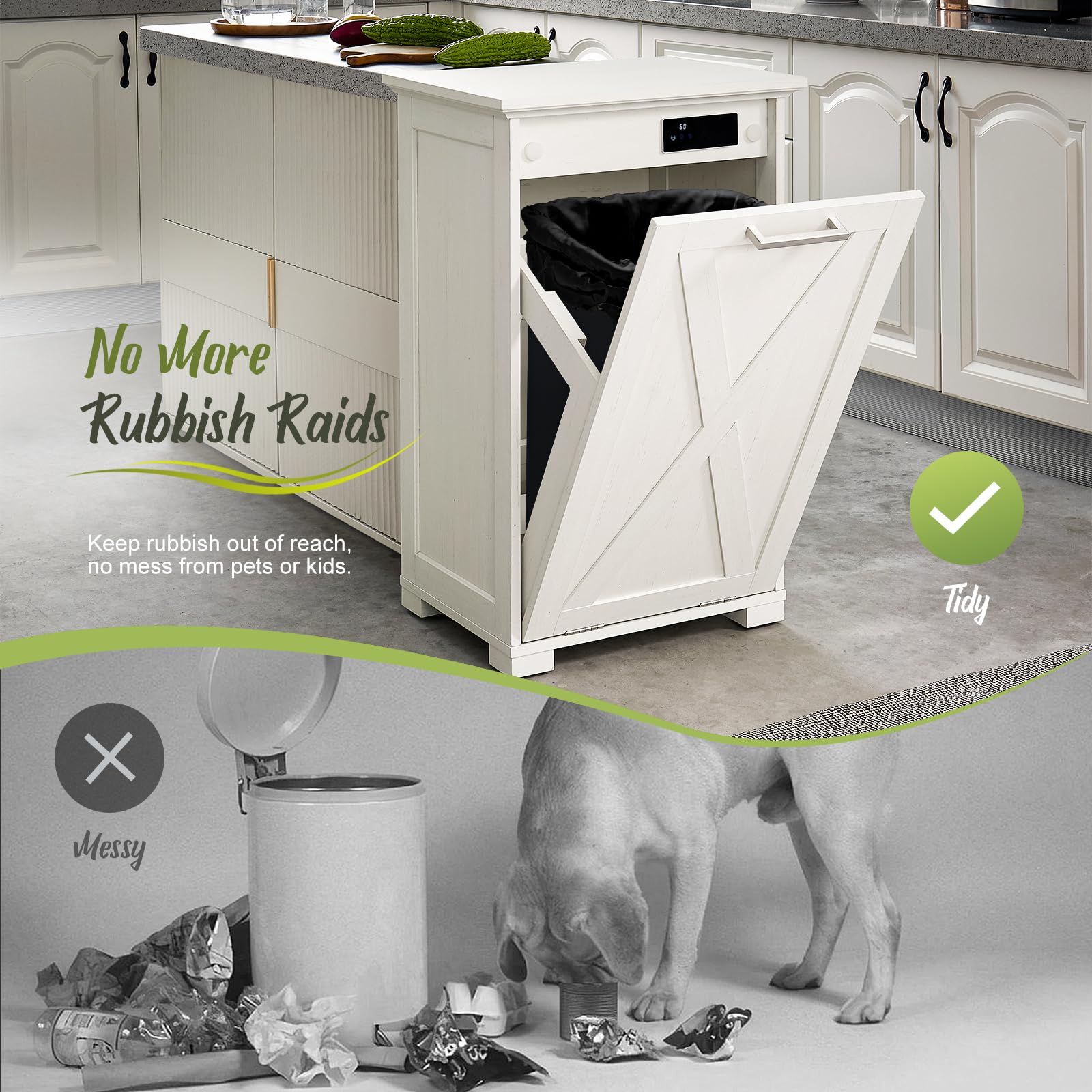 10-Gallon Tilt-Out Trash Can Cabinet with Odor Control - Pull-Out Recycling Garbage Bin with Spacious Wooden Top for Kitchen, Bedroom & Laundry - Perfect for Waste Management & Home Organization (White)