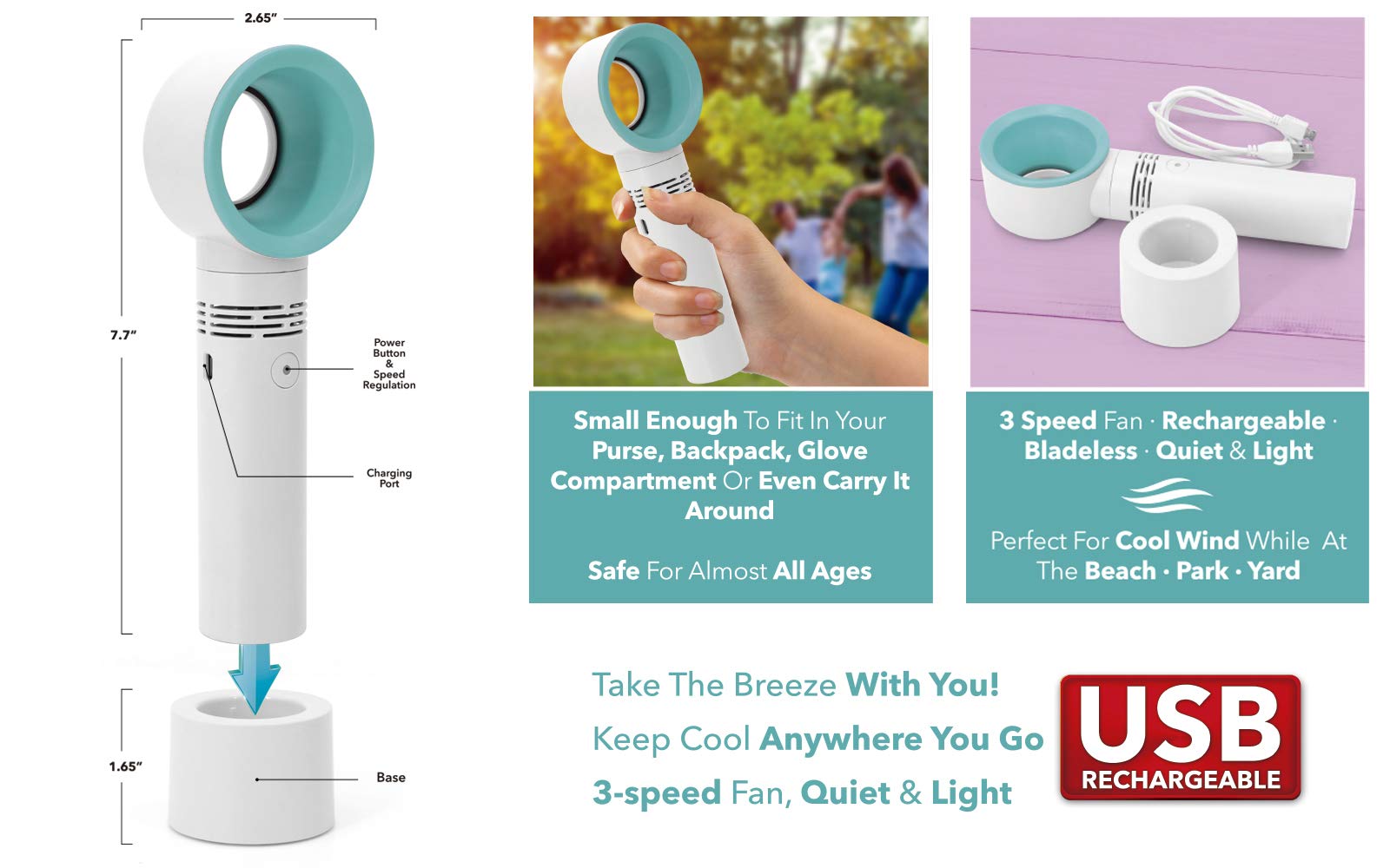 Rechargeable Bladeless Fan - 3 Speed Quiet Portable Desk Fan, Handheld Mini Fan for Home, Office, Travel | Summer Cooling Solution
