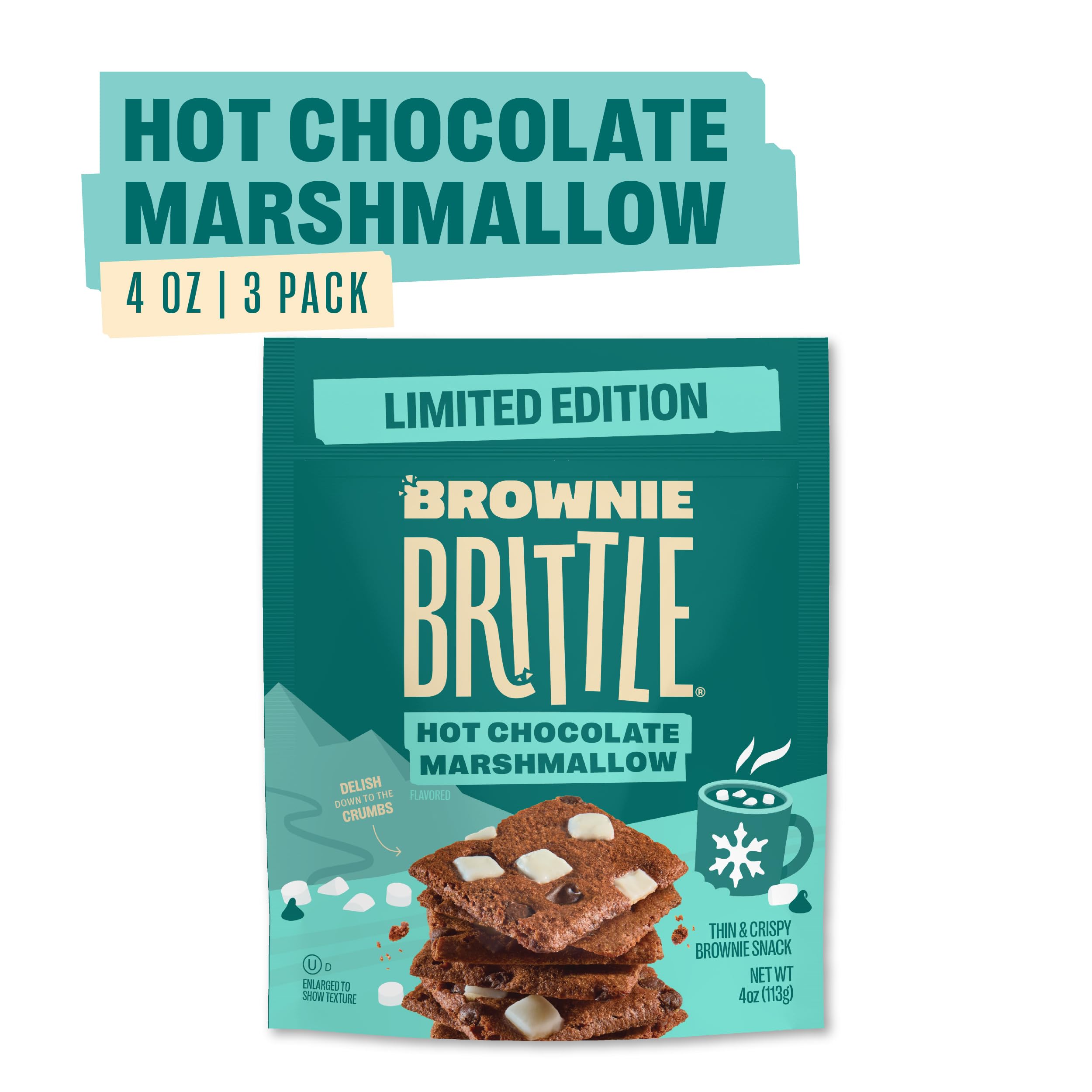 Hot Chocolate Marshmallow Brownie Brittle - Thin & Crispy Gourmet Dessert Snacks (3-Pack, 4oz) | Perfect for Holiday Gifts, Party Treats & Coffee Break Indulgence