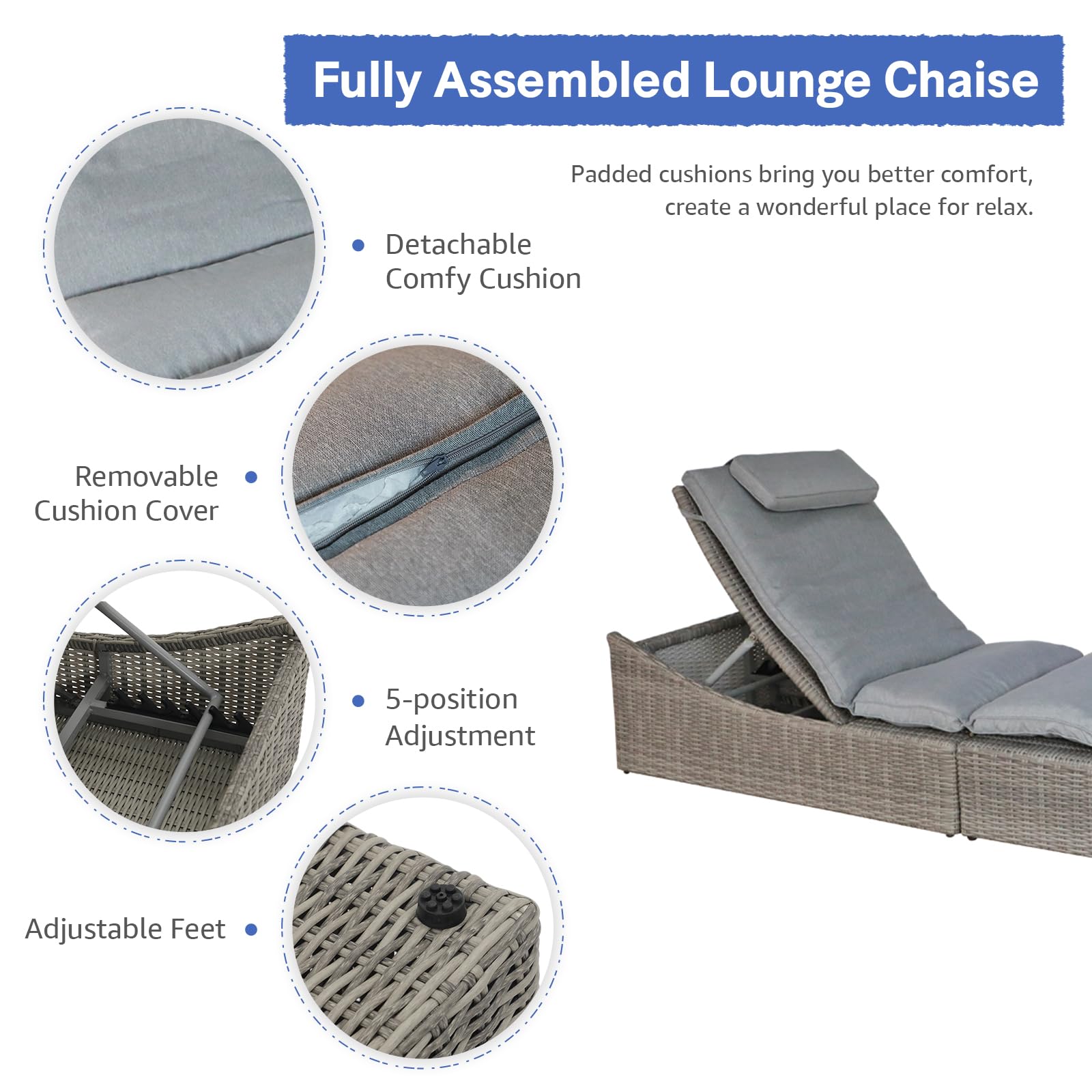 Premium Adjustable Folding Chaise Lounge Chair with Removable Cushion - Patio PE Rattan Recliner for Poolside, Beach & Backyard - Dark Gray Outdoor Relaxation Furniture (Fully Assembled) - Perfect for Sunbathing, Lounging & Vacation Getaways