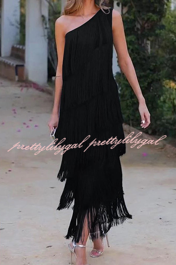 Elegant Fringed One Shoulder Asymmetric Midi Dress for Women - Boho Chic Party, Cocktail & Evening Wear - Perfect for Weddings, Date Nights & Special Occasions