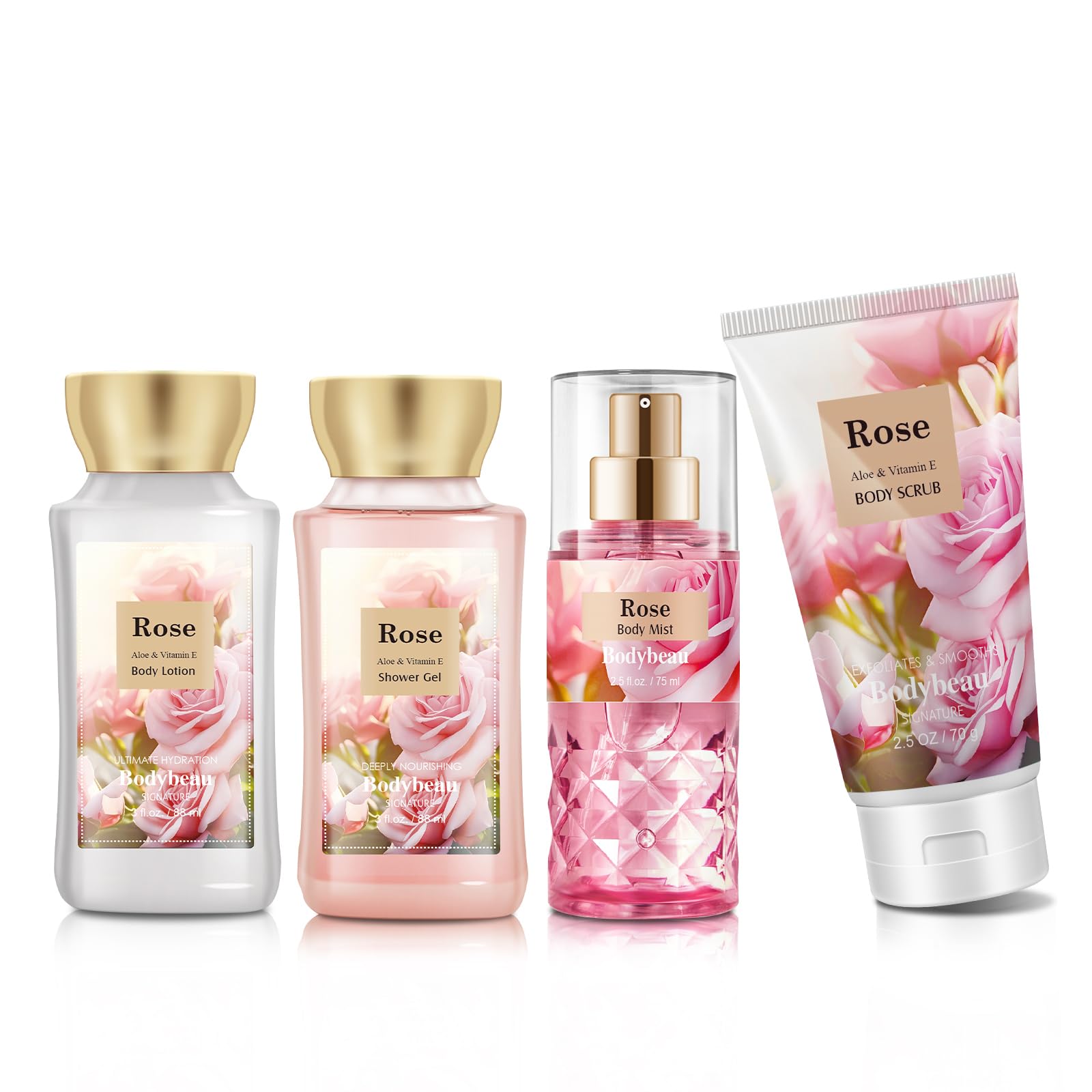 Luxury Rose Bath & Body Gift Set for Women & Girls - 4PCS Set Includes Shower Gel, Body Lotion, Body Mist & Exfoliating Scrub | Perfect Travel Size, Spa Day at Home, Birthday & Holiday Gift Idea