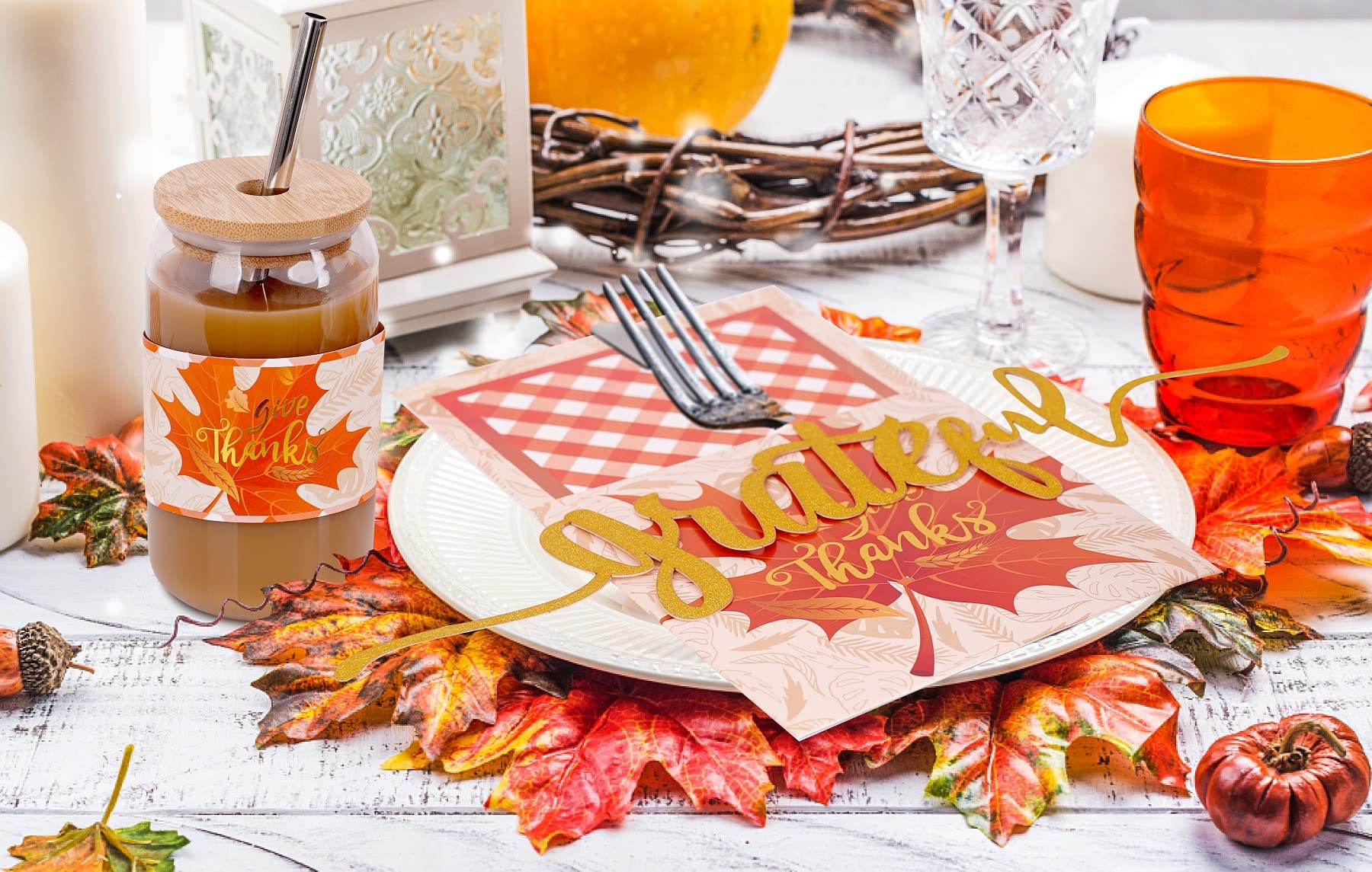 Thanksgiving Table Decor Set - 18-Piece Cutlery Holder, 50 Napkins, 18 Paper Cup Sleeves & Grateful Word Cutouts - Glitter Turkey Utensil Decor for Holiday Dining & Party Settings