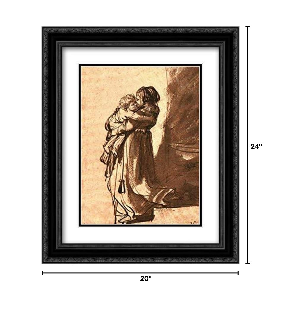 Rembrandt Museum Art Print - 20x24 Black Ornate Framed Mother & Child Portrait with Double Matting - Perfect for Nursery, Living Room or Gift (Mother Carrying Baby Downstairs Artwork)