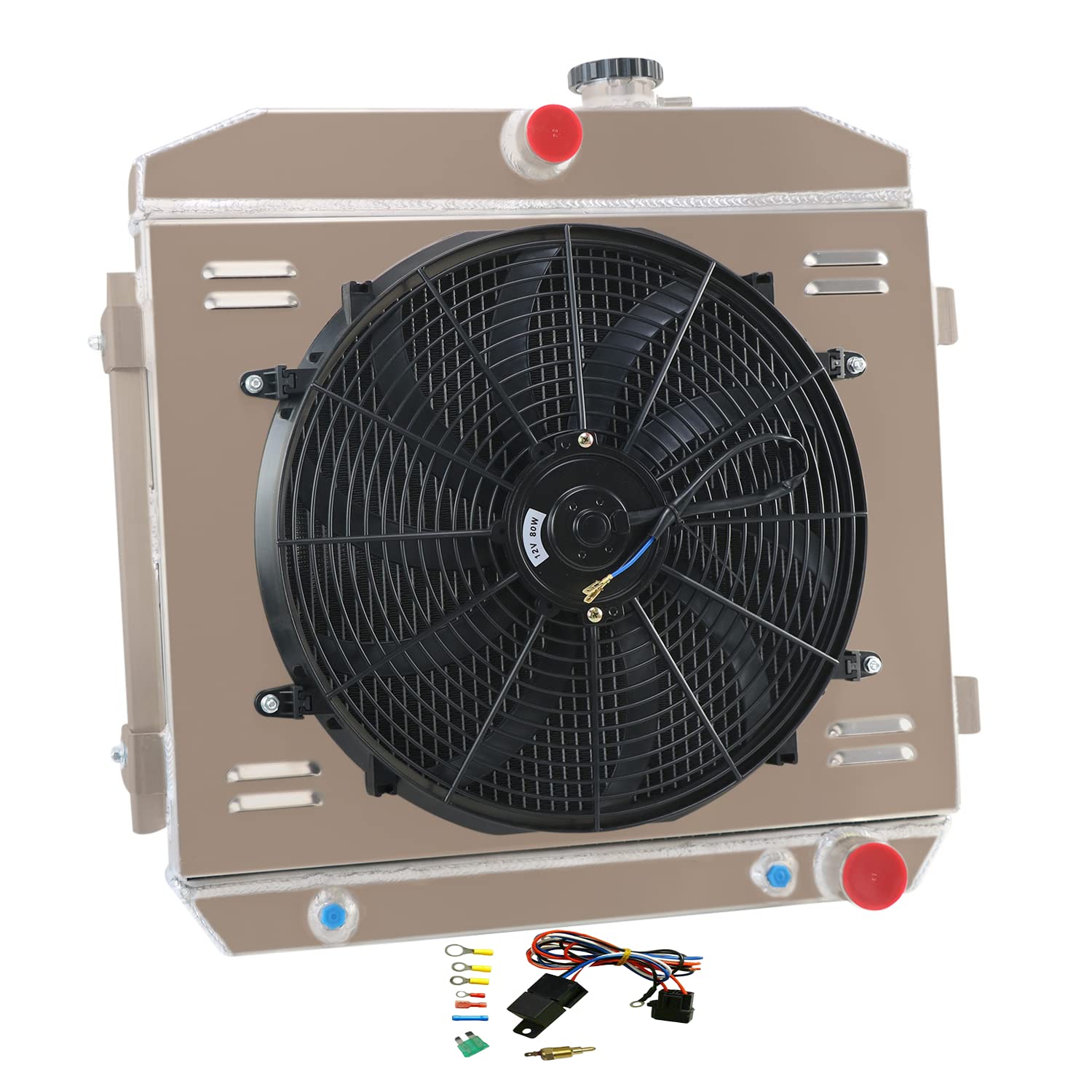4 Row Aluminum Radiator with Shroud, Fan & Relay Kit - Compatible with 1955-1957 Chevy Bel Air, Truck, Two-Ten & One-Fifty Series - Fits 3.8L L6, 4.3L & 4.6L V8 Gas Engines - Perfect for Classic Car Restoration & Hot Rod Upgrades