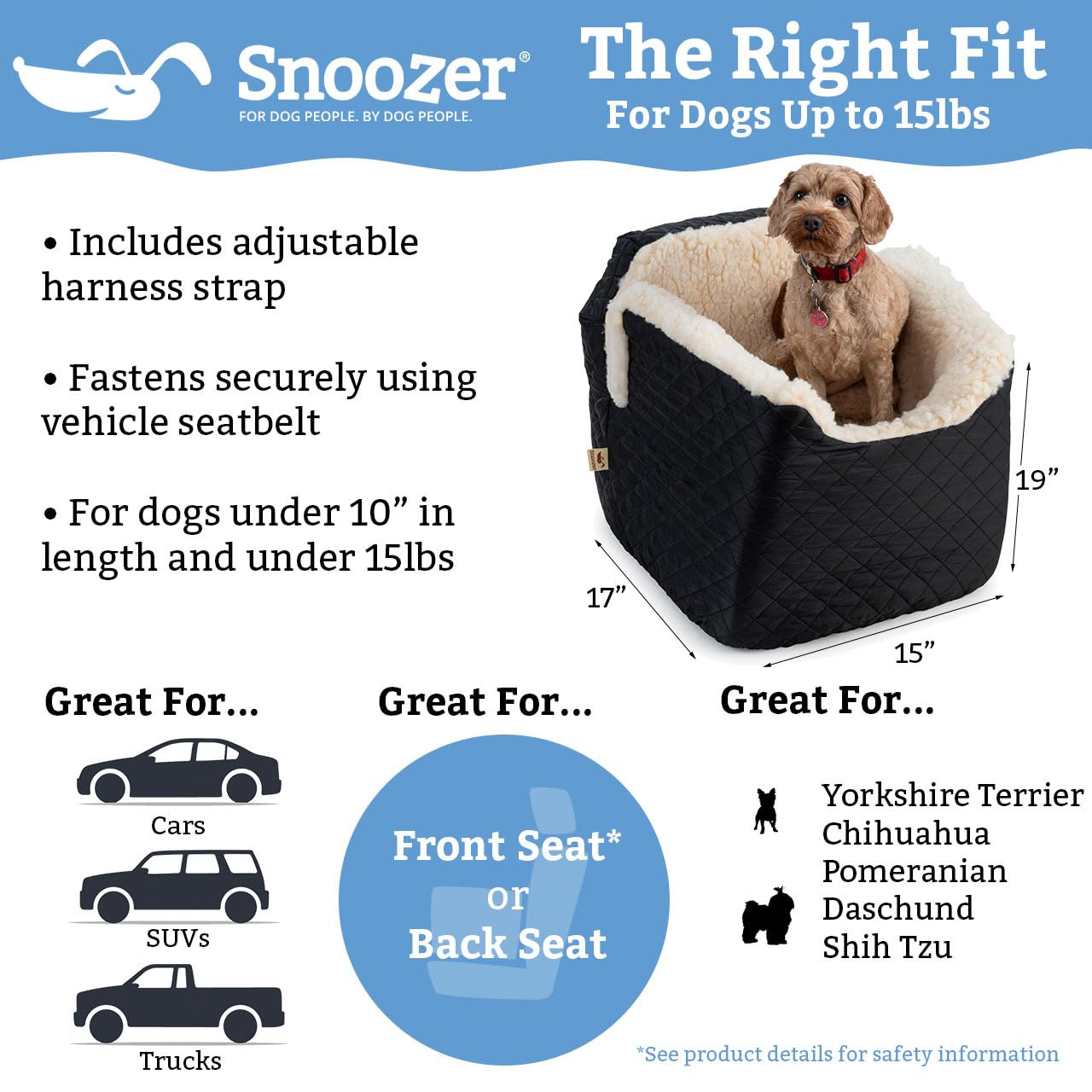 Snoozer Lookout Dog Booster Car Seat for Small Dogs 5-15 lbs - Pet Travel Safety Seat with Harness Strap to Prevent Car Sickness - Black Removable & Machine Washable Cover - Perfect for Road Trips & Vet Visits