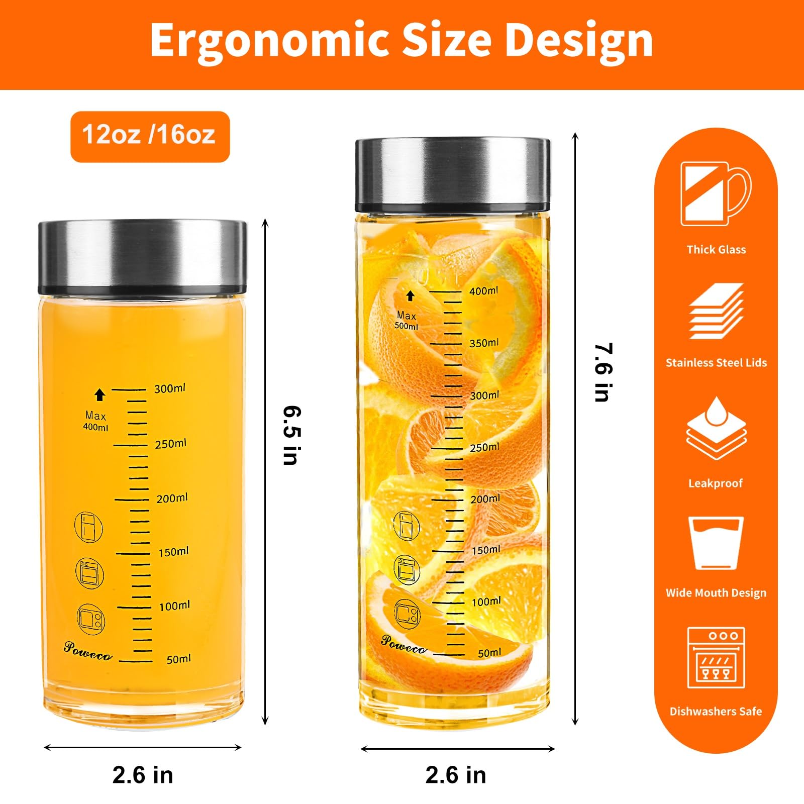 4 Pack 12oz Glass Juice Bottles with Lids - BPA Free Wide Mouth Reusable Water Bottles for Smoothies, Protein Shakes & Milk - Stainless Steel Lids Perfect for Blending, Juicing & Gym Use (400ml)
