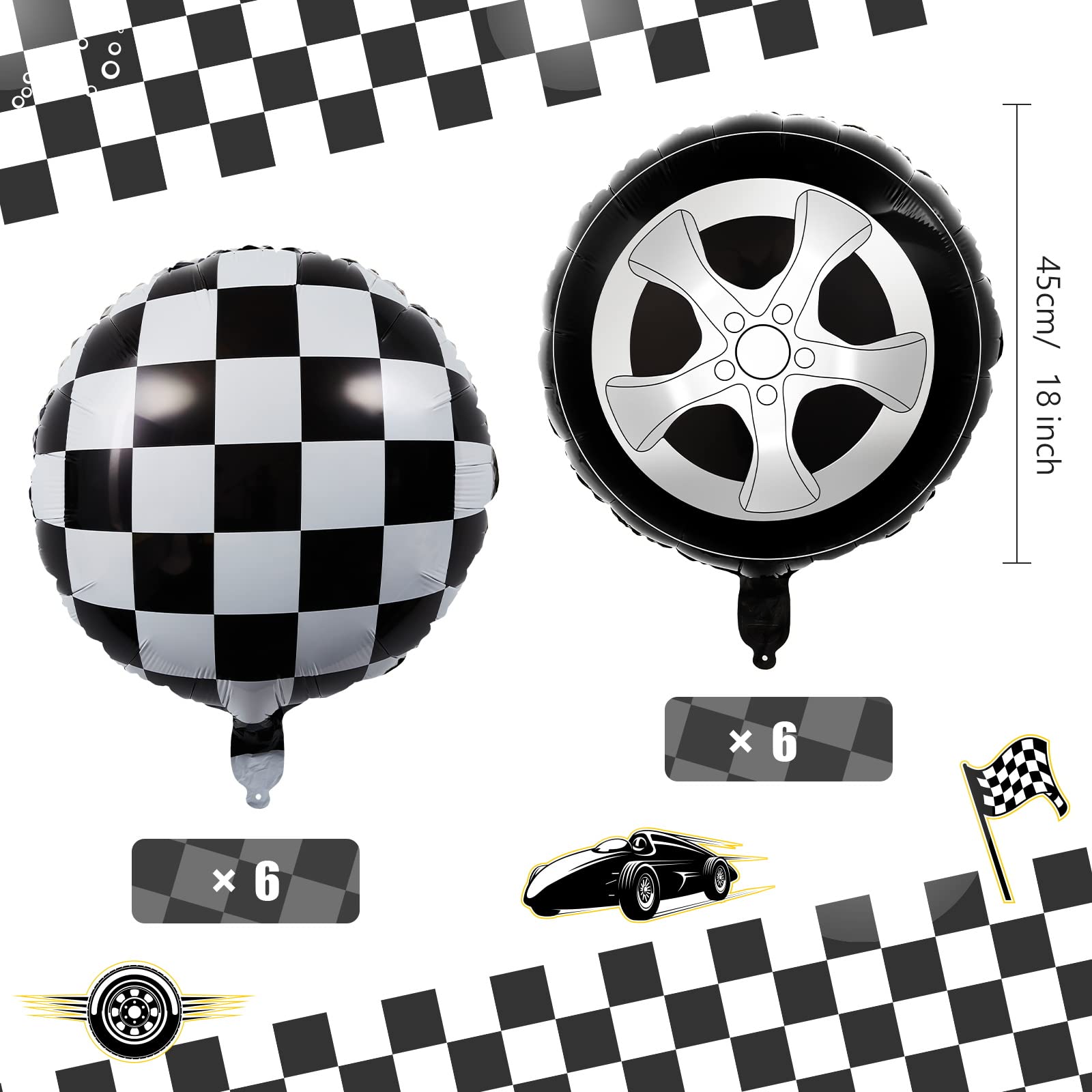 12 Pcs 18 Inch Black and White Checkered Balloons - Race Car Tire Wheel Balloons for Racing Theme Birthday Party Decorations, Baby Shower, Graduation & Sports Events Decoration Supplies