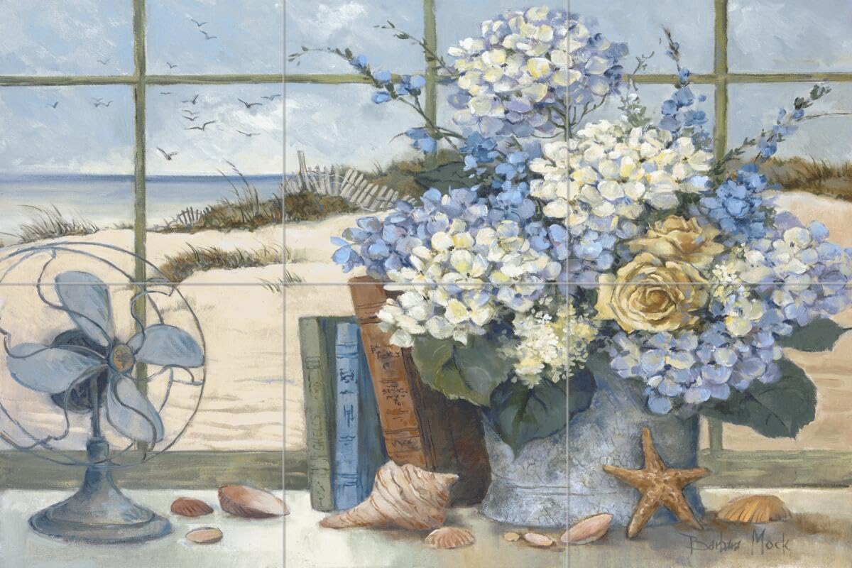 Floral Ceramic Backsplash Tile Mural for Kitchen & Bathroom - Beach Cottage Design by Barbara Mock - Perfect for Coastal, Farmhouse, and Vintage Style Home Decor