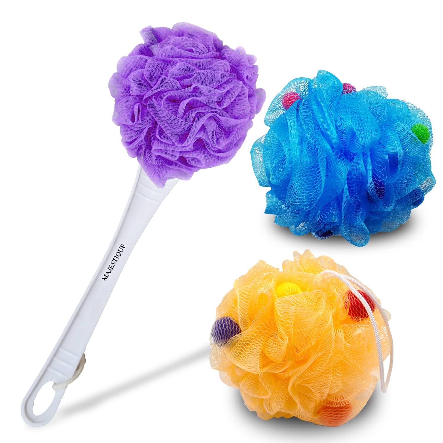 Majestique 3-Pack Long Handle Back Scrubber Brush with Exfoliating Loofah Sponge & 2 Body Wash Puffs - 60g Bath Sponge for Deep Cleansing - Ideal for Men, Women & Elderly - Perfect for Shower, Bath & Spa Relaxation