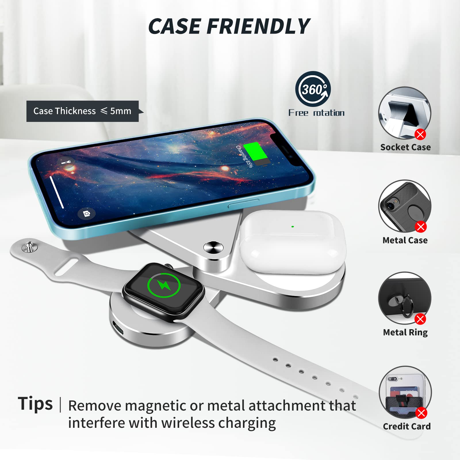 3 in 1 Detachable Magnetic Wireless Charger Stand - 15W Fast Charging Station for iPhone 13/12/11, Apple Watch SE/6/5/4/3/2 & AirPods Pro/2 (Silver) | Foldable Design for Nightstand, Office & Travel Use