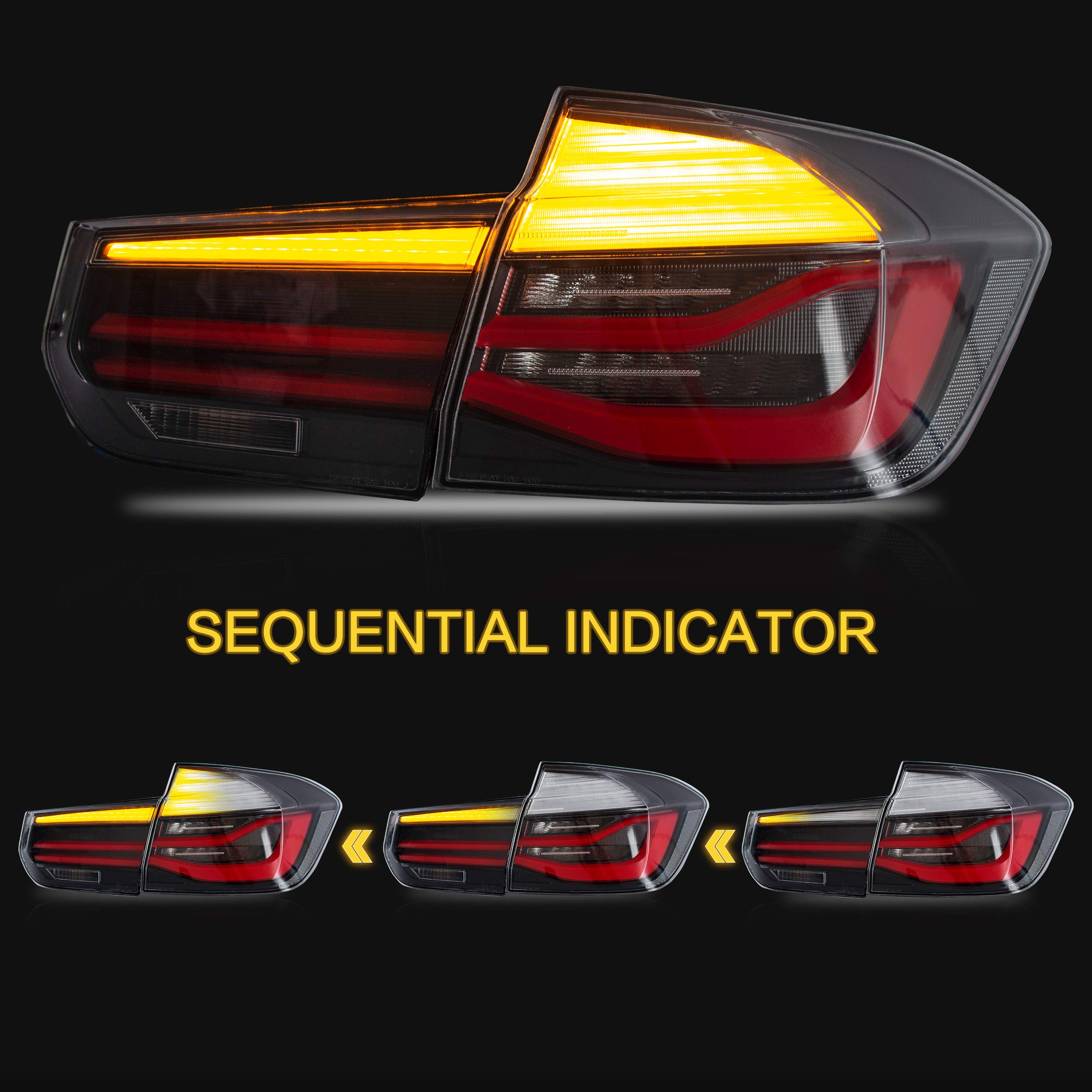 VLAND Smoked LED Tail Lights Assembly for BMW 3 Series F30 F35 F80 (2013-2018) - DRL, Sequential Turn Signals & Rear Fog Lights - Compatible with 320i 328i 328D 335i M3 6th Gen Sedan - Upgrade Your Car's Style & Visibility for Night Driving