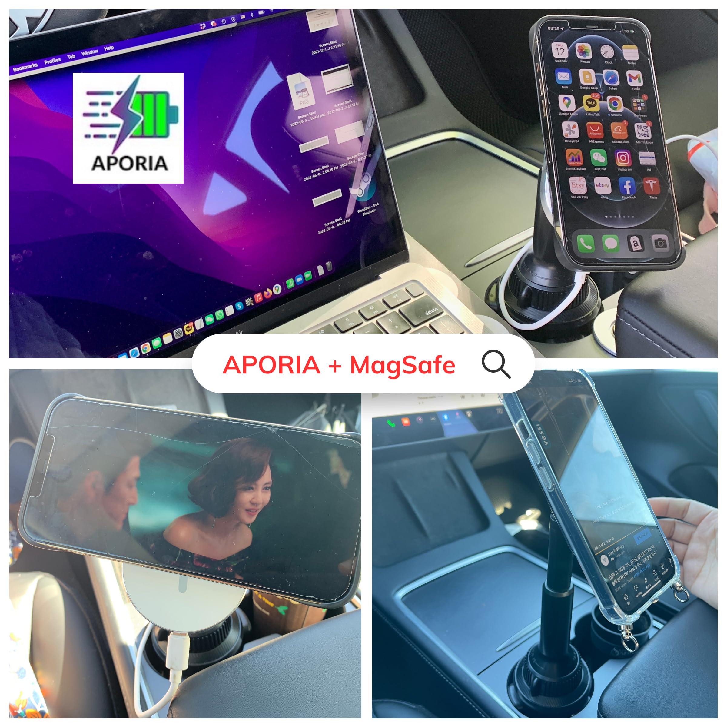 MagSafe Car Cup Holder Mount - 15W Fast Charging for iPhone 12/13/14/15 | Adjustable Extendable Arm with 360° Rotation | Compatible with MagSafe Cases | Perfect for Drivers & Passengers - Use While Commuting, Road Trips & Daily Driving