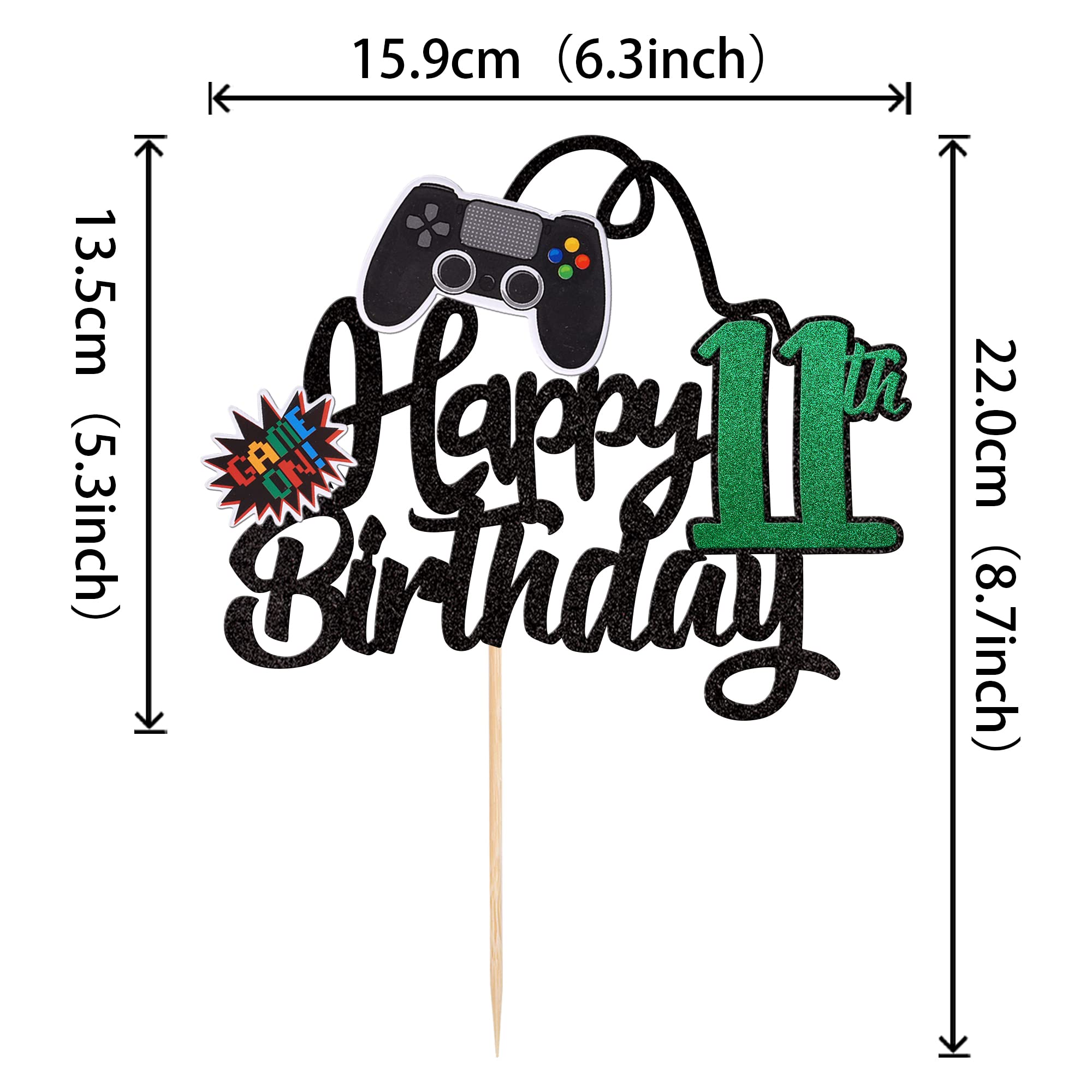 1 PCS Video Game Happy 11th Birthday Cake Topper - Glitter Game Controller Cake Pick - Eleven Cheers to 11 Years - Perfect for Birthday Party Decorations & Gaming Theme Cakes (Green)