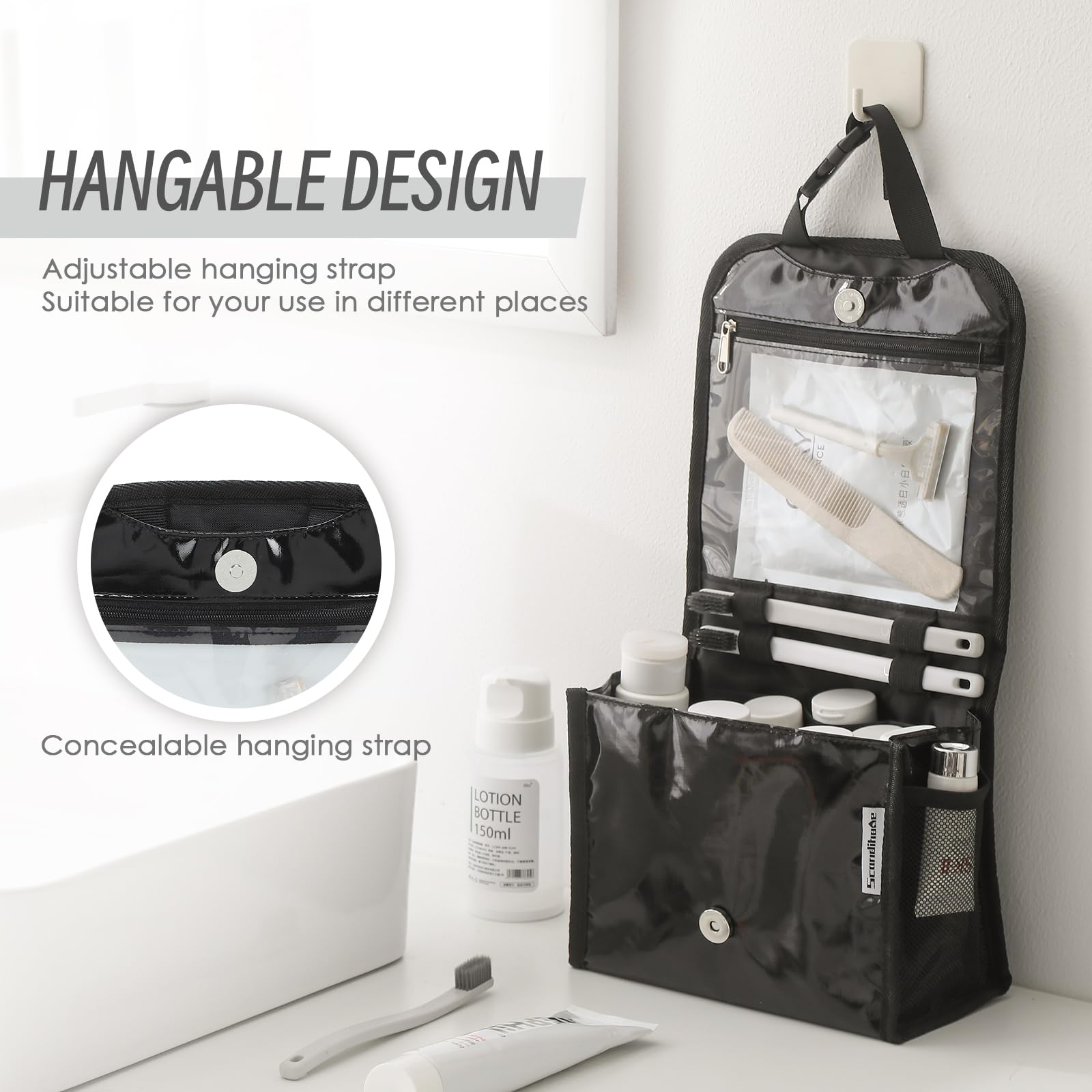 Waterproof Hanging Toiletry Bag for Women - Large Travel Cosmetic Organizer with Handle for Makeup & Toiletries | Portable Shower Caddy for Bathroom, Gym, Camping (Black)