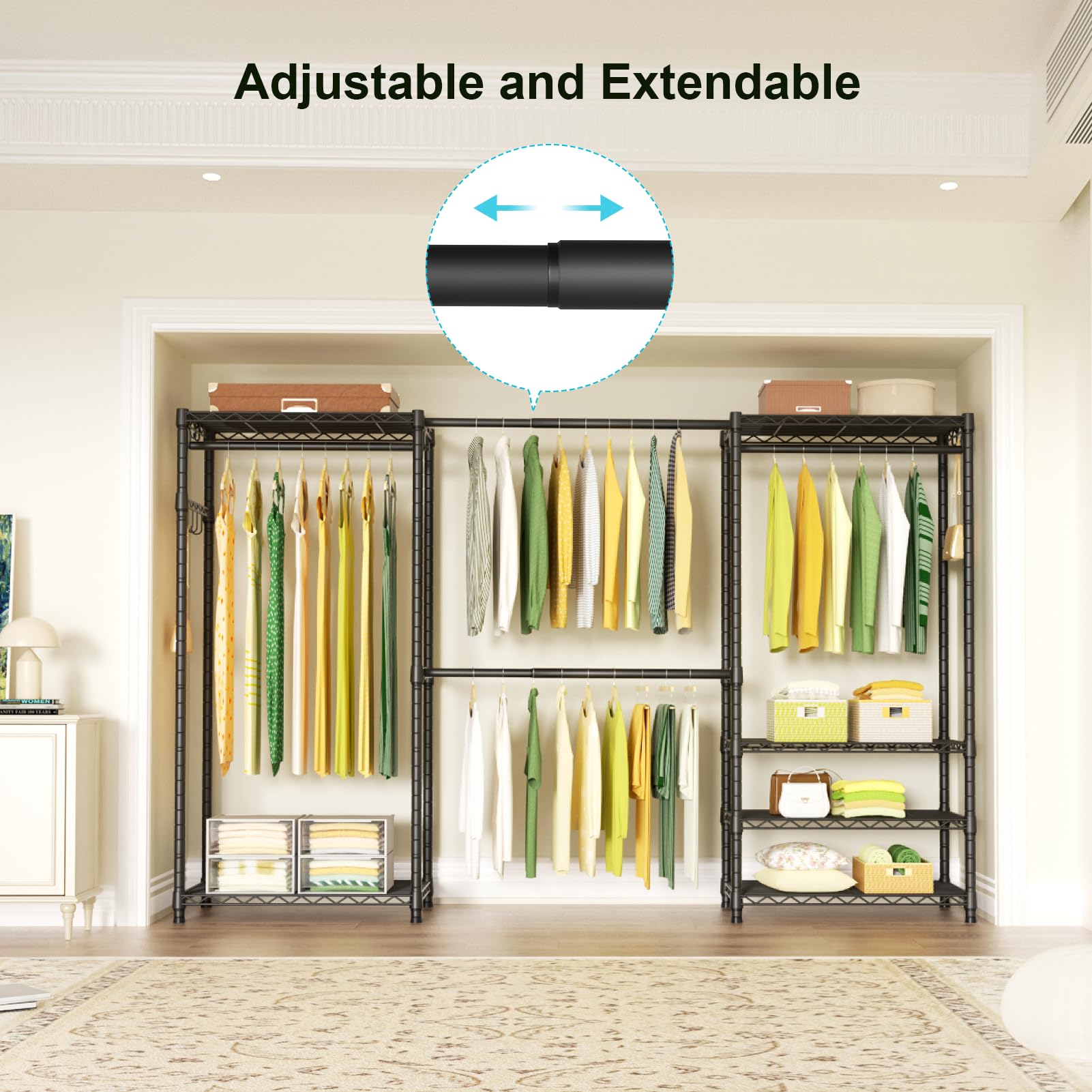 Ulif E1 Heavy Duty Closet Garment Rack - 6 Tier Adjustable Metal Freestanding Clothing Storage with 4 Hanger Rods | Expandable Wardrobe Organizer (71.4