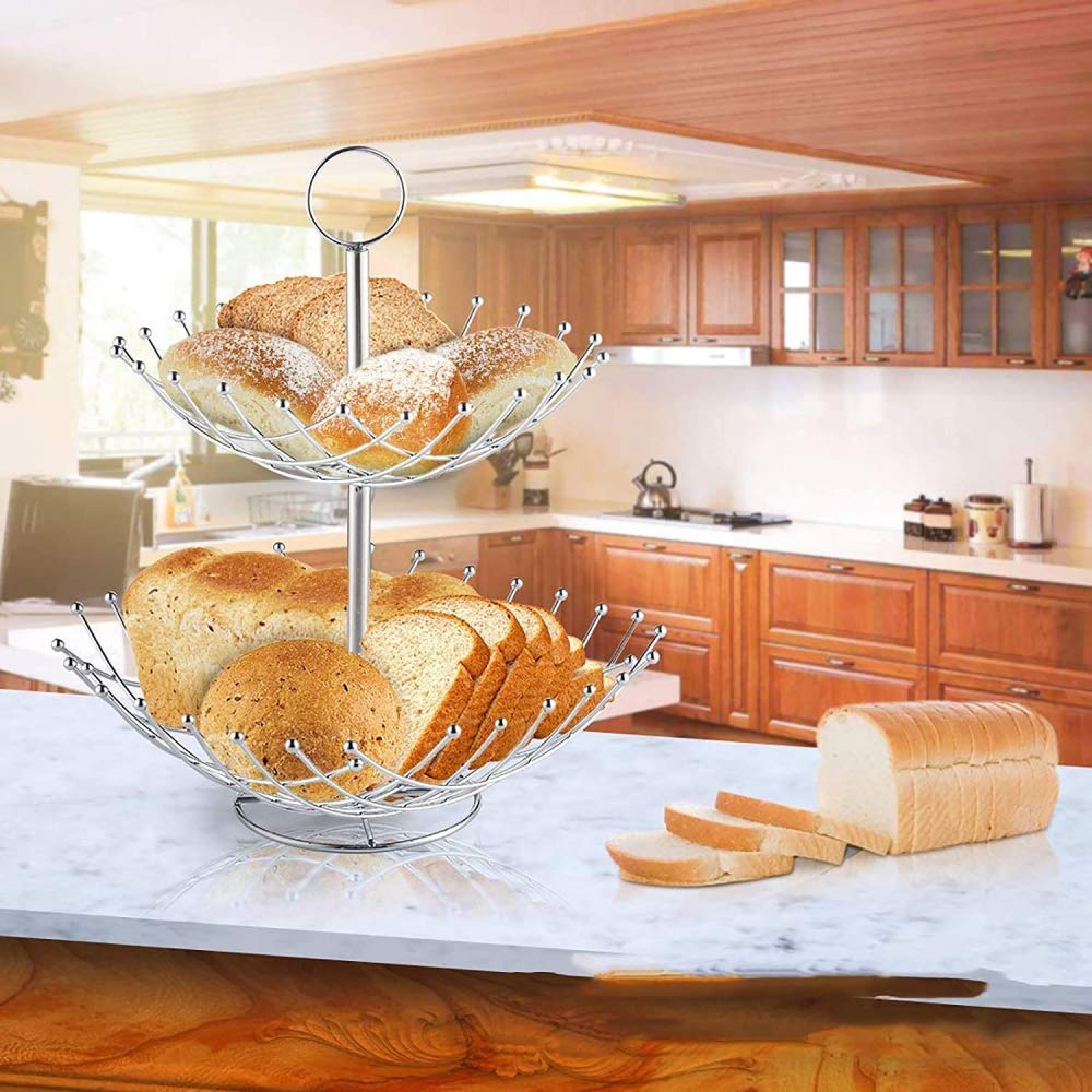 2-Tier Metal Fruit and Vegetable Basket - Kitchen Countertop Display Organizer for Fruits, Bread, Produce - Portable Double-Layer Storage Rack for Home, Restaurant, or Farmers Market Use