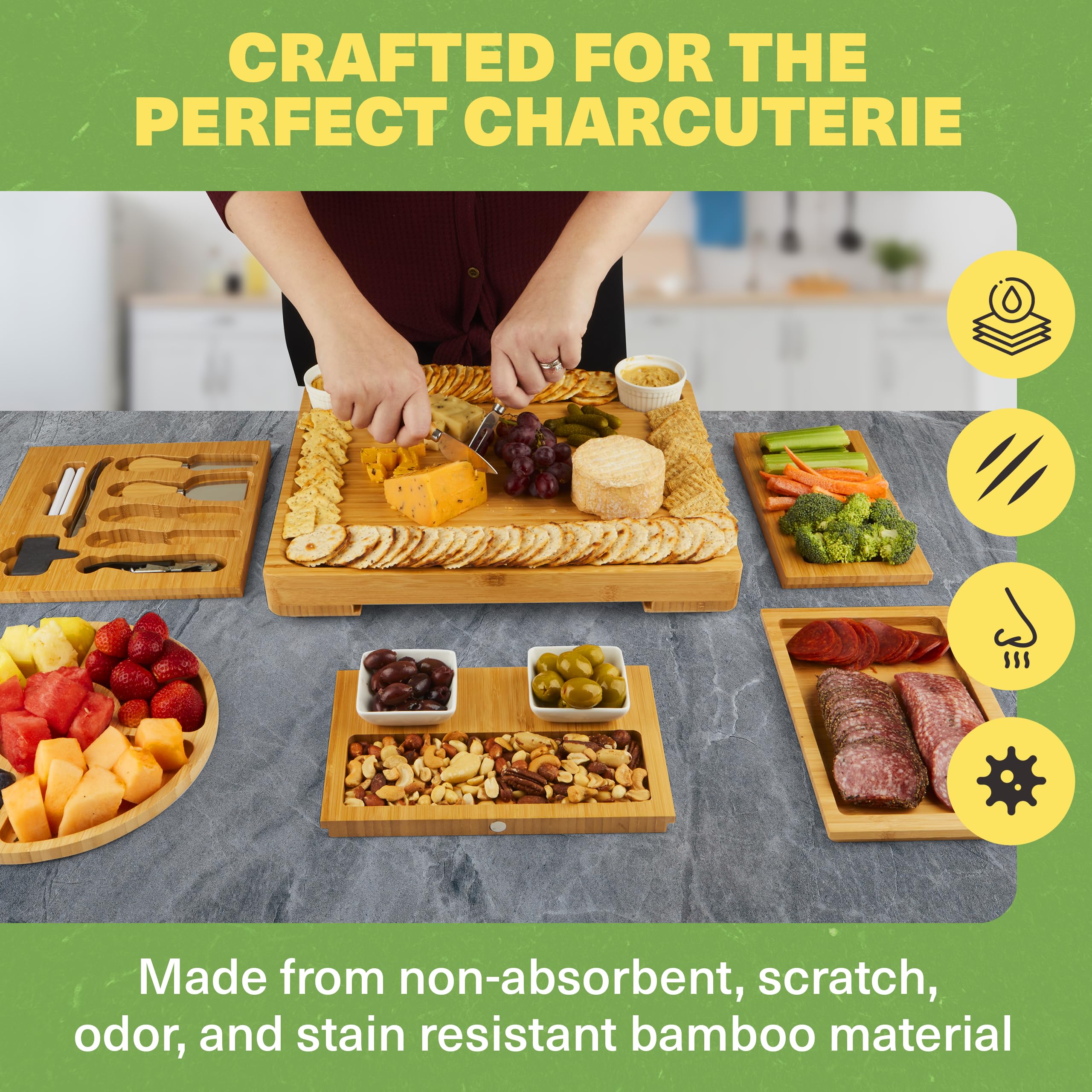 Expandable Bamboo Charcuterie Board Set with 4 Hidden Drawers - Cheese & Appetizer Serving Tray with Stainless Steel Utensils, Ceramic Bowls & Utensil Storage - Perfect for Entertaining, Dinner Parties & Charcuterie Displays