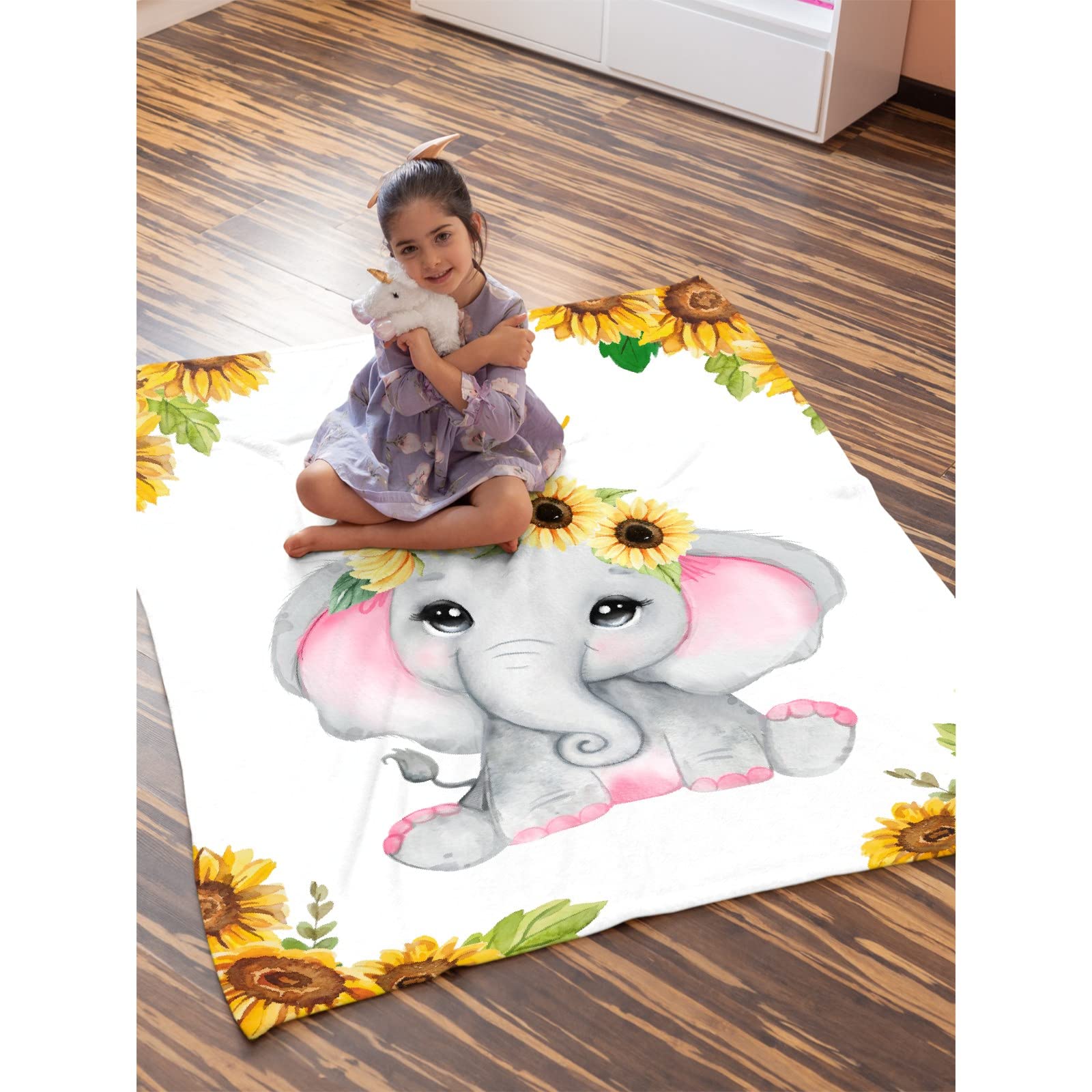 Personalized Baby Blanket with Name - Sunflower Elephant Design Fleece Flannel Blanket for Girls & Boys | Custom Baby Shower Gift, Birthday Present for Daughter & Granddaughter | Extra Large 120x90 Inch | Perfect for Nursery, Family Photos & Cozy Moments