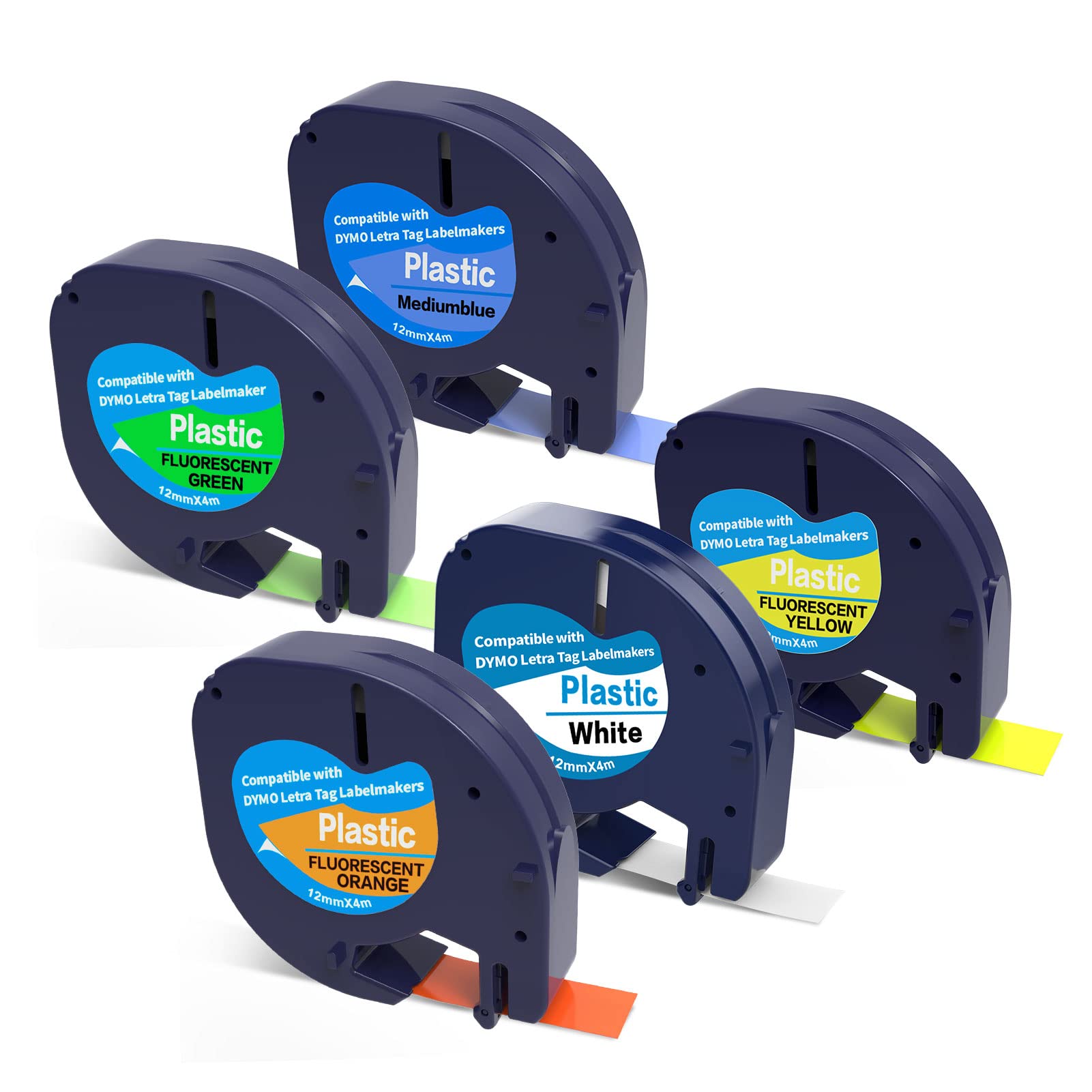 5-Pack Multi-Color Label Maker Tape 12mm x 4m - Compatible with Dymo LetraTag LT100H LT100T QX50 - Plastic Label Tape Refills for Office, Home & School Organization