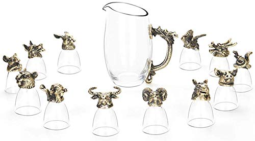 Chinese Zodiac Glass Set - 12 Glasses & Pitcher Drinkware Collection in Antique Gold | Zodiac Sign Barware for Parties, Weddings & Home Decor