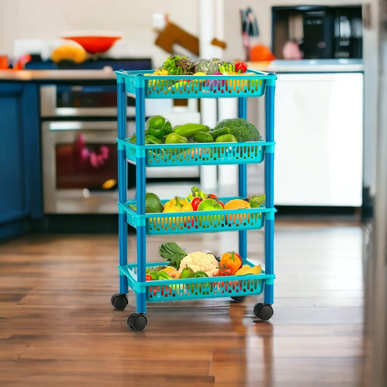 NEWON 4-Tier Rolling Kitchen Cart - Foldable Plastic Storage Organizer with Wheels for Pantry, Bathroom & Garage (4-Layer, Green) - Perfect for Organizing Spices, Toiletries & Cleaning Supplies