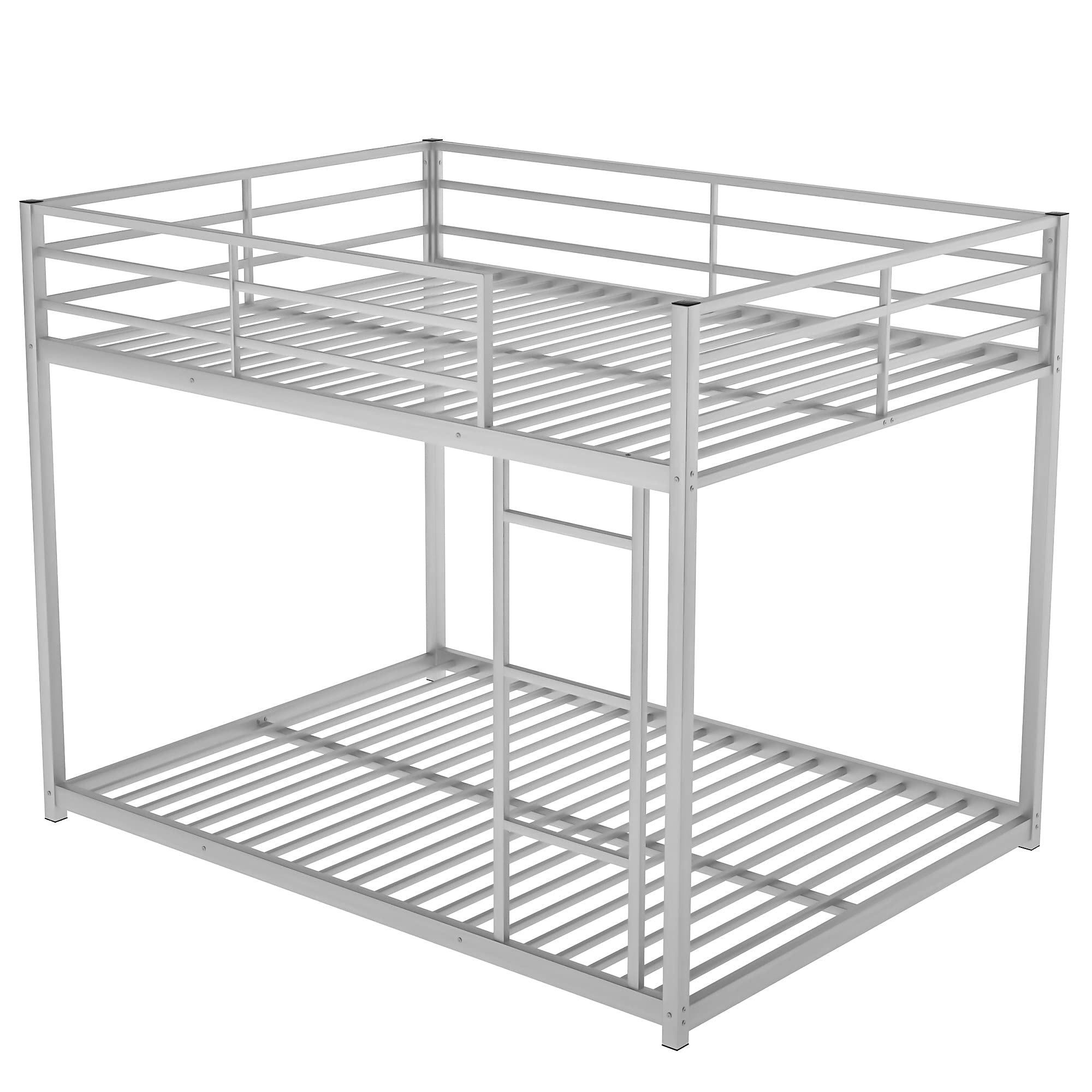 Full Over Full Metal Bunk Bed - Heavy Duty Low Profile Bunk Bed with Safety Guard Rails & Ladder for Kids, Teens & Adults - No Box Spring Needed (Silver) - Perfect for Small Bedrooms, Dorms & Guest Rooms