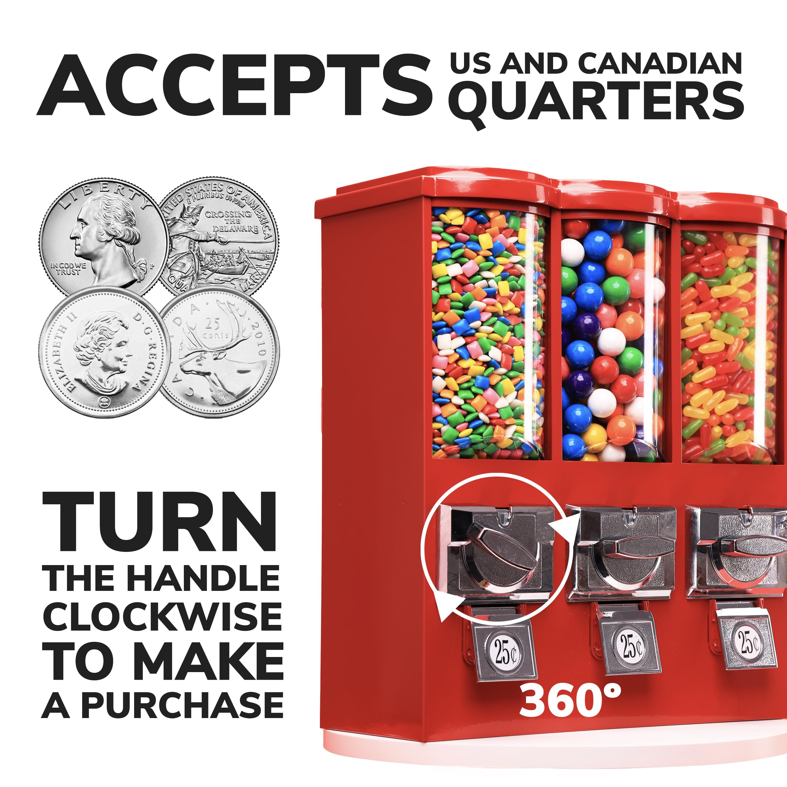 Commercial Triple Head Gumball & Candy Vending Machine with Stand - Coin Operated Candy Dispenser with Removable Canisters (Red) - Perfect for Retail Stores, Arcades, and Restaurants