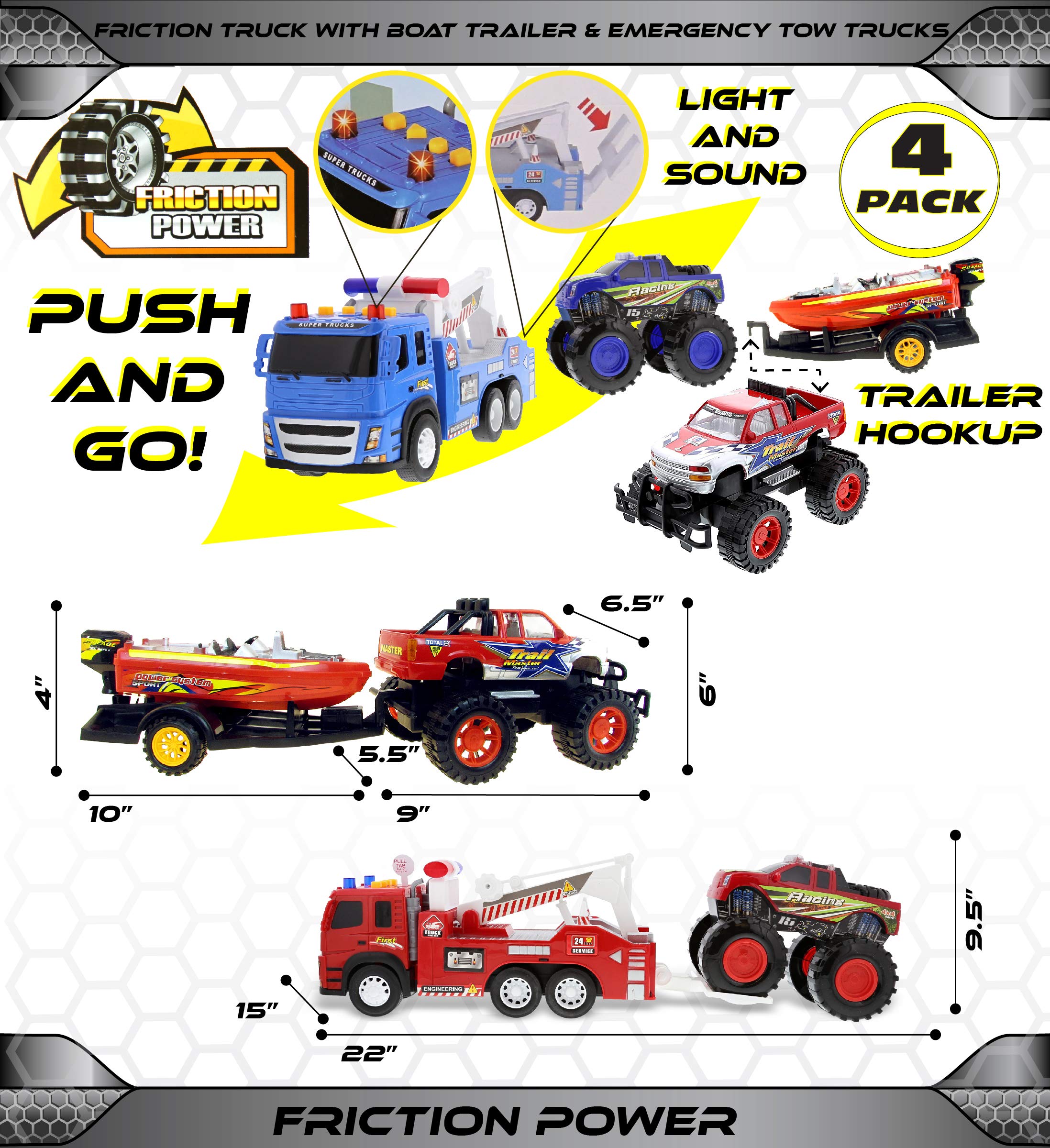 Mozlly 4-Pack Friction Powered Toy Trucks Set - 3 Emergency Tow Trucks with Lights & Sounds + Monster Truck with Speed Boat Trailer - Push & Go Action Vehicles for Kids - Perfect for Pretend Play, Birthday Gifts & STEM Learning (Styles May Vary)