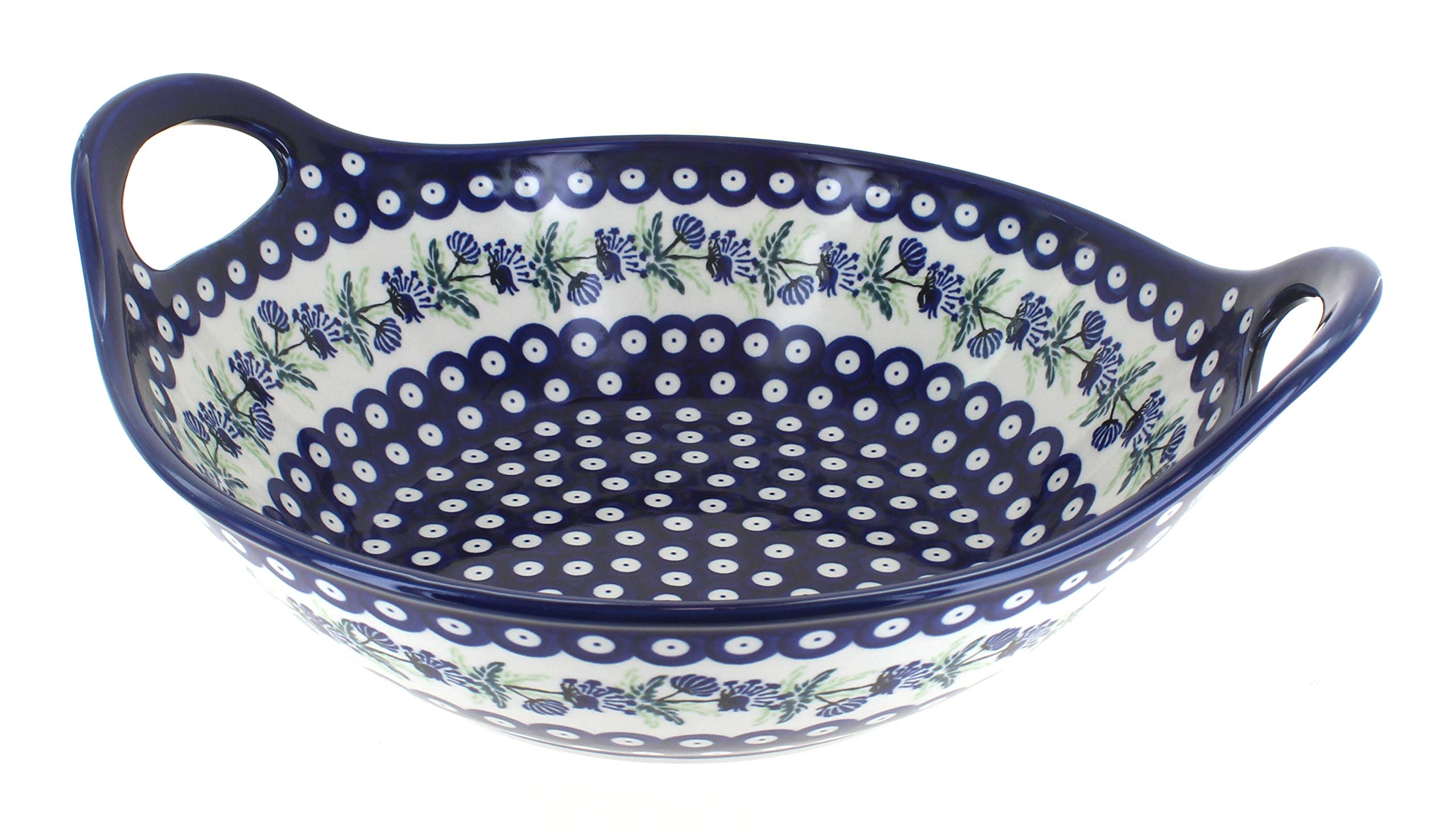 Handmade Blue Rose Polish Pottery Sweet Annie Deep Bowl with Handles - Elegant Serving Bowl for Soup, Salad & Dessert - Perfect for Dinner Parties & Home Decor