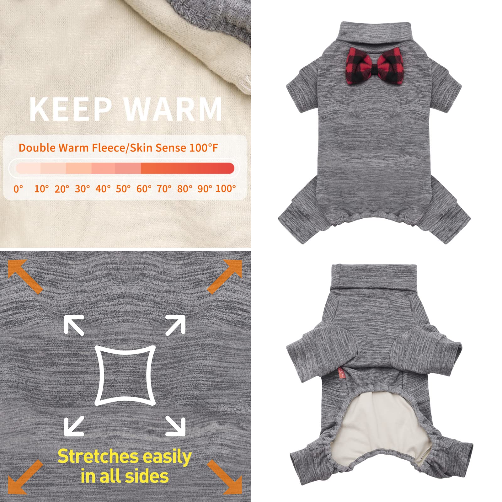 KYEESE Stretchy Dog Sweater with Bowtie - Soft Warm Turtleneck Dog Pajamas for Small Dogs - Cozy Winter Onesie for Cold Weather - Grey - Perfect for Indoor Lounging & Outdoor Walks