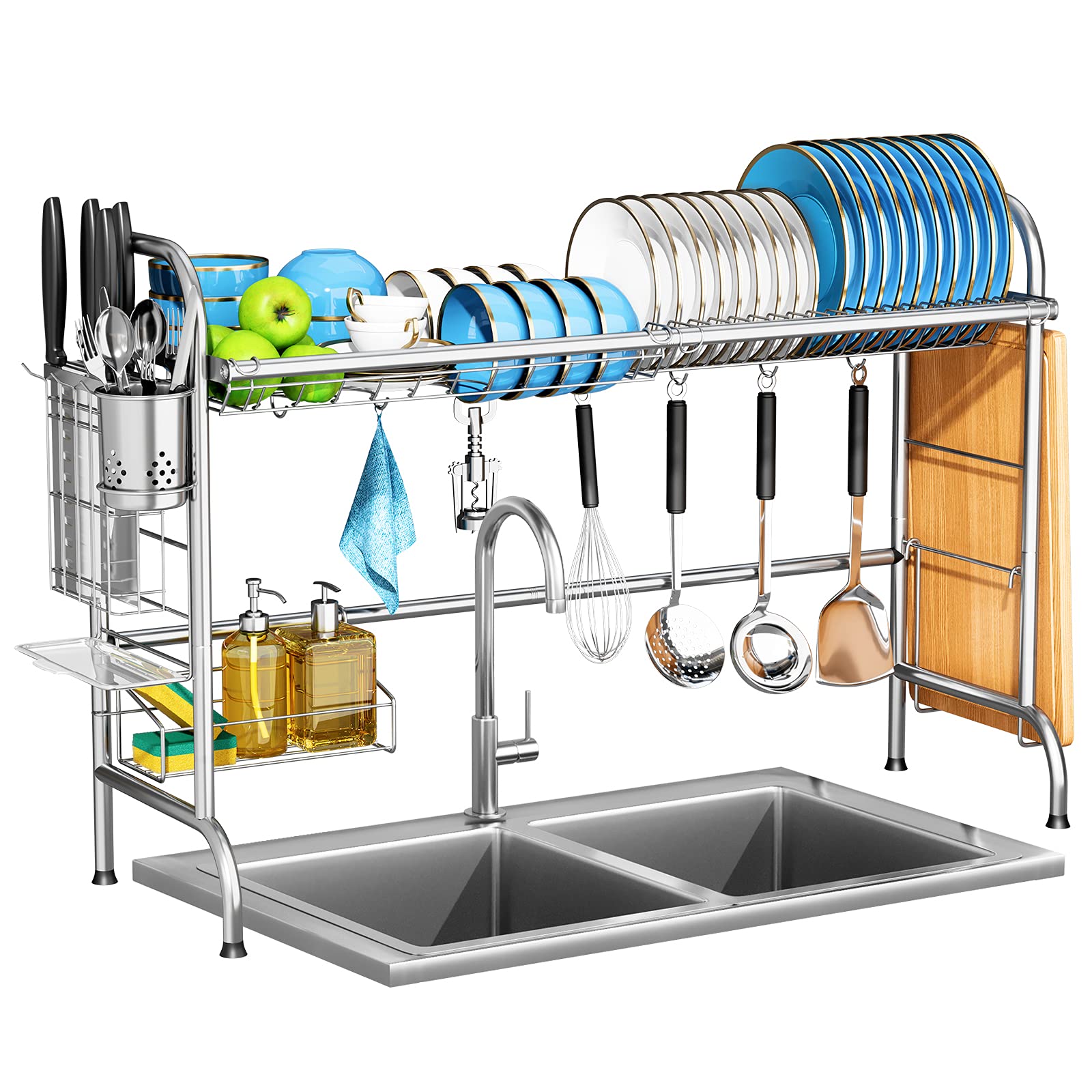 Stainless Steel Over The Sink Dish Drying Rack with Utensil Holder - Large Kitchen Counter Organizer for Dishes, Cups & Cutlery (Silver, 1 Tier) | Space-Saving Solution for Small Kitchens & Apartments