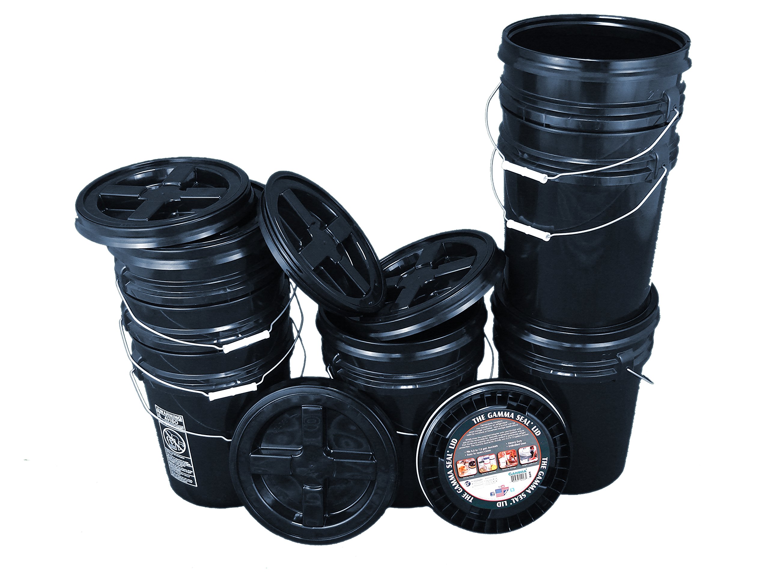 7-Pack Black 5 Gallon Buckets with Gamma Seal Lids - Heavy Duty Food Storage Containers for Home, Restaurant & Emergency Preparedness