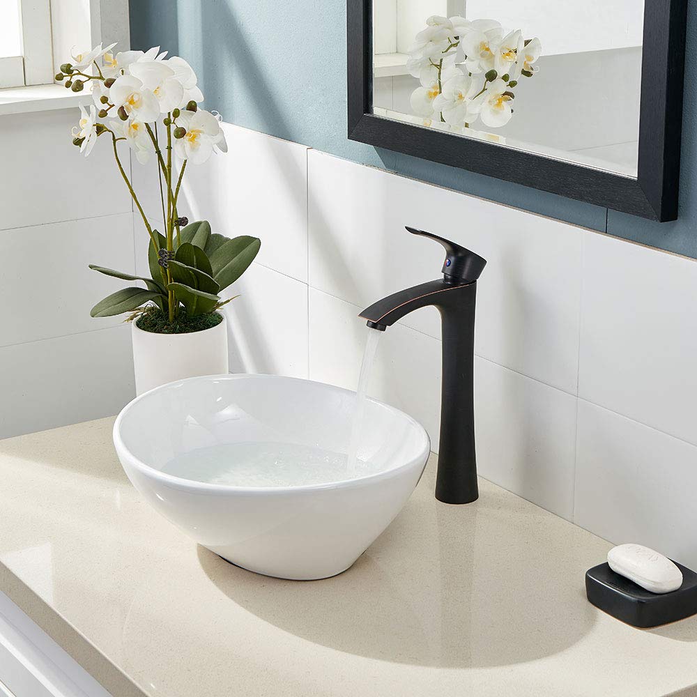 Oil Rubbed Bronze Vessel Sink Faucet - Single Handle Tall Contemporary Bathroom Faucet with Water Supply Hose | Perfect for Vanity, Basin Mixer Tap & Modern Bathroom Decor