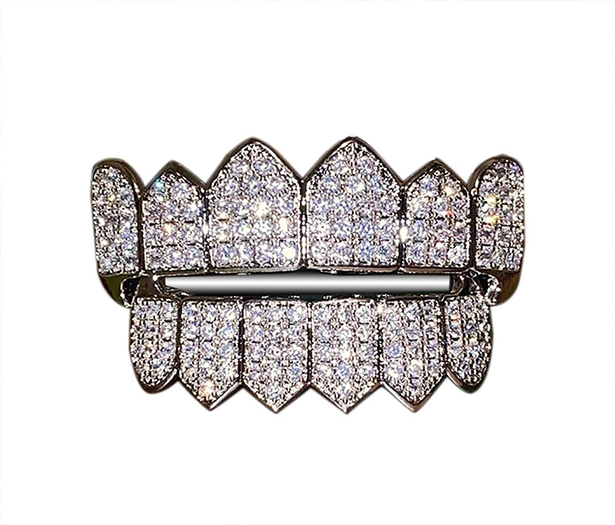 Joker White Gold Hip Hop Grillz Set - Top & Bottom Teeth Grillz with Iced Out Design - Perfect for Rappers, Performers & Hip Hop Fashion Enthusiasts - Great for Concerts, Music Videos & Streetwear Style