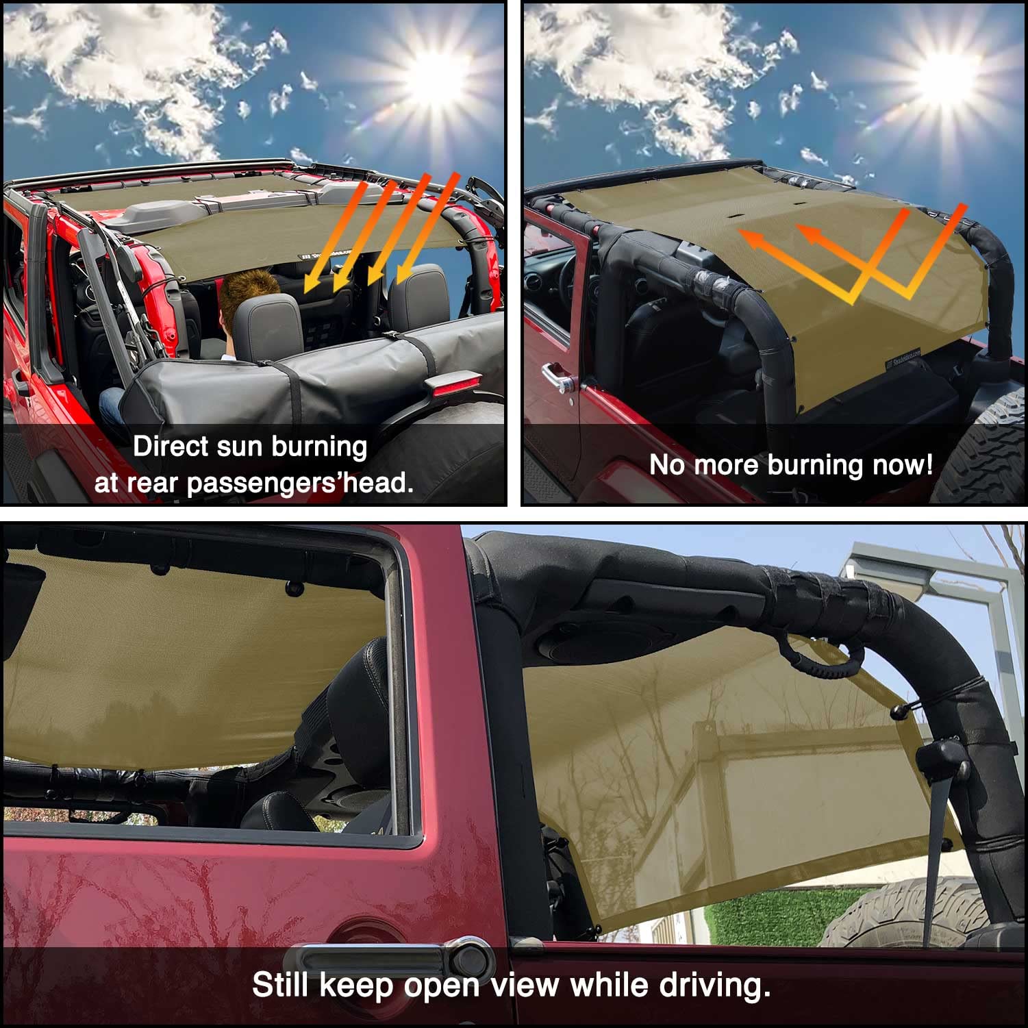 Shadeidea JK Sun Shade Top for Jeep Wrangler JKU (2007-2018) - Soft Mesh Roof Cover, Wind Noise & UV Protection, 10-Year Warranty, 2-Door, Tank Green, Full Length Front/Rear/Back - Perfect for Off-Roading, Beach Trips & Summer Driving