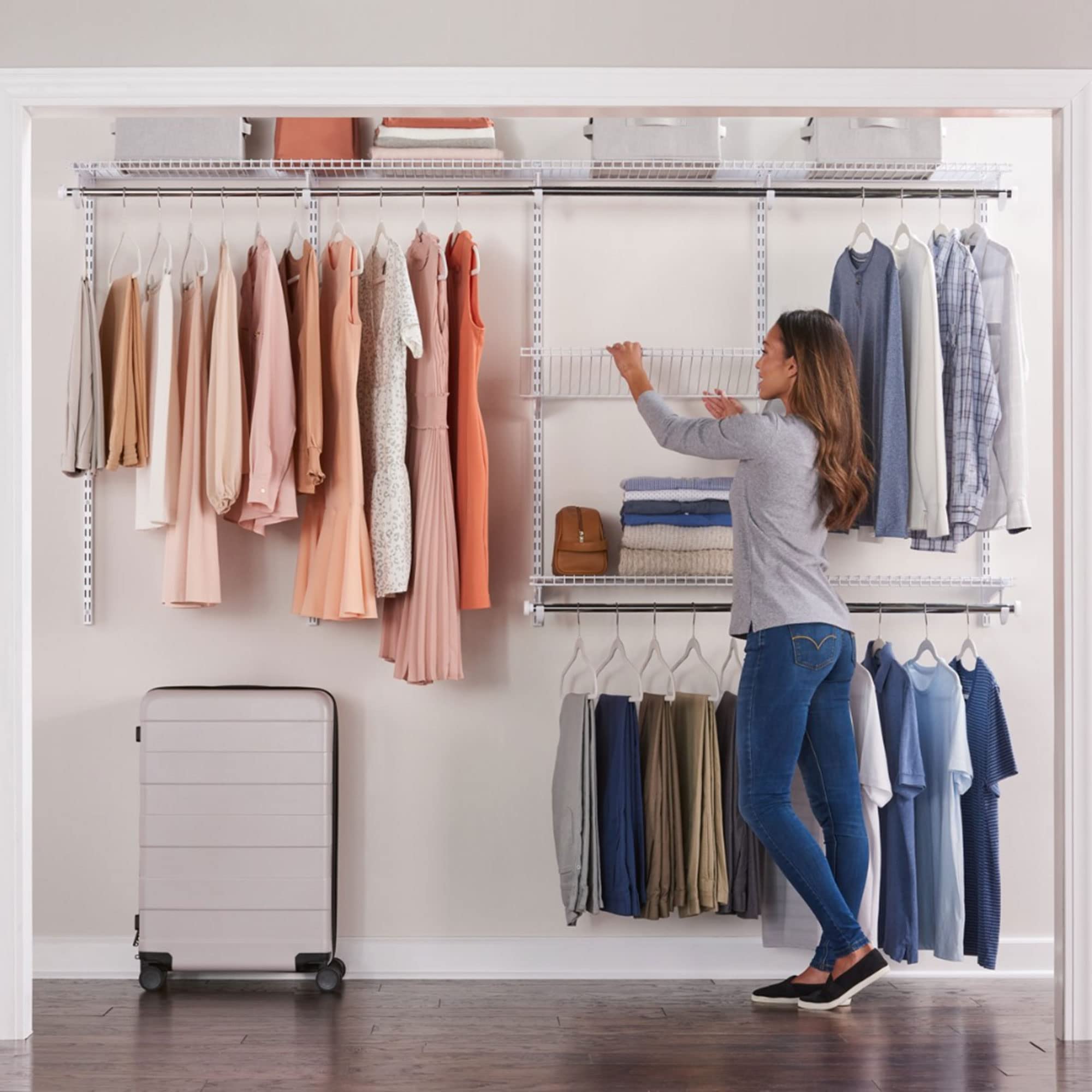 Rubbermaid Configurations 4-8 Feet Expandable Closet Organizer Kit - DIY Custom Hanging & Shelf Storage System, White (2 Pack) - Perfect for Bedroom, Walk-in Closet & Home Organization