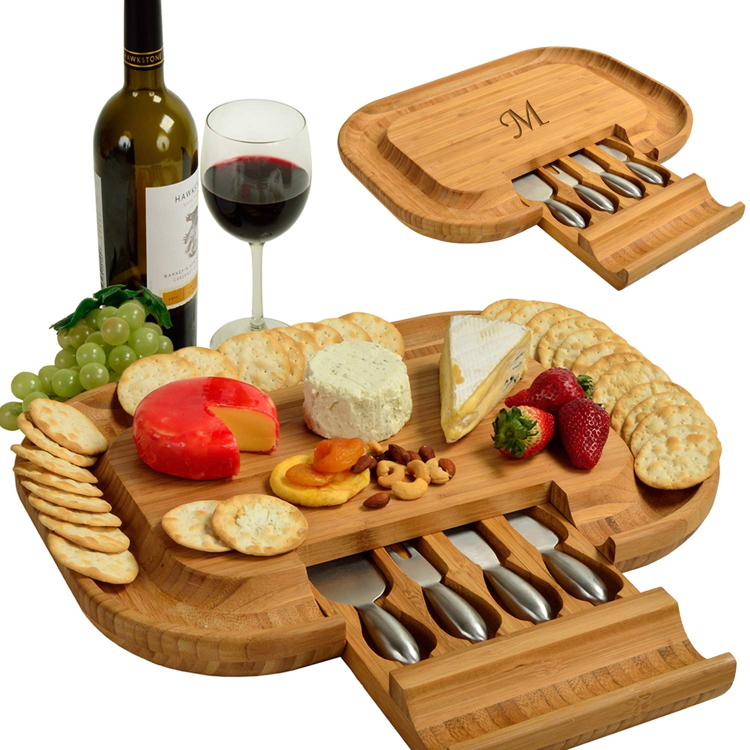 Personalized Monogrammed Bamboo Cutting Board for Cheese & Charcuterie - Engraved with Custom Initials - Includes Knife Set & Cheese Markers - Perfect for Picnics, Weddings & Housewarming Gifts - Handcrafted & Quality Checked in USA