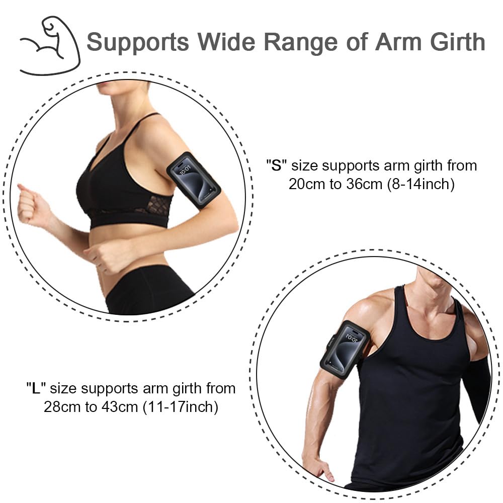 JEMACHE Premium Running Armband for iPhone 16/15/14/13/12/11 Pro Max & Samsung Galaxy S25/S24/S23/S22 Ultra/Plus - Sweatproof Phone Holder with Earphone Loop & Adjustable Strap (Black, Large) - Perfect for Jogging, Gym Workouts & Outdoor Activities