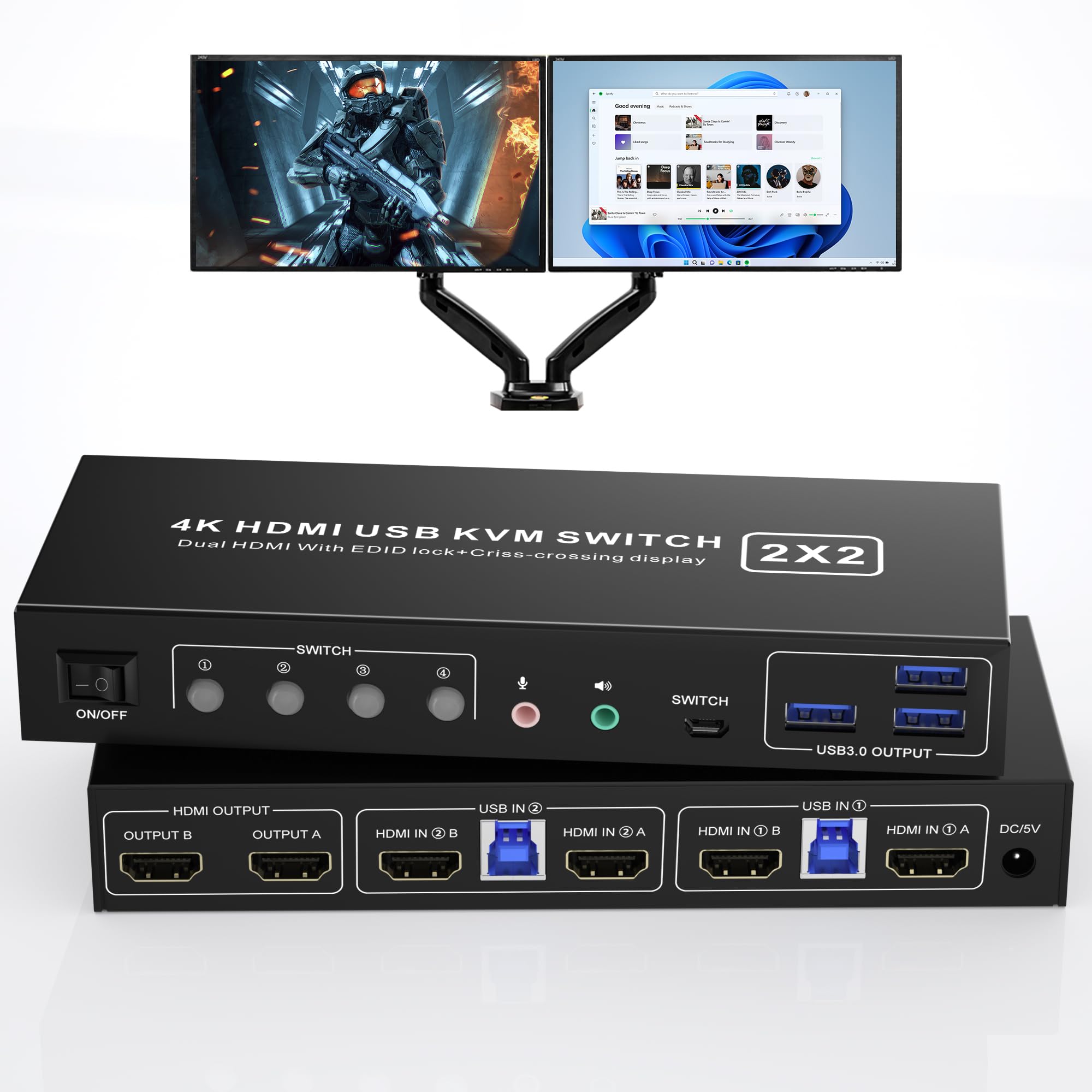 4K@60Hz HDMI KVM Switch for 2 Computers & 2 Monitors - USB 3.0 Hub with 3 Ports & Audio Support - Dual Monitor Display Switcher for Home Office & Gaming Setup